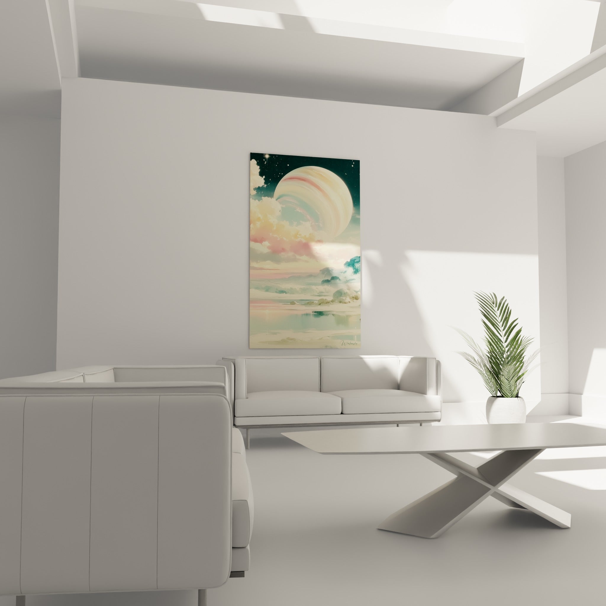 Planète nacrée et nuages roses illuminant un ciel bleu nuit, au-dessus d'un canapé dans un salon lumineux
