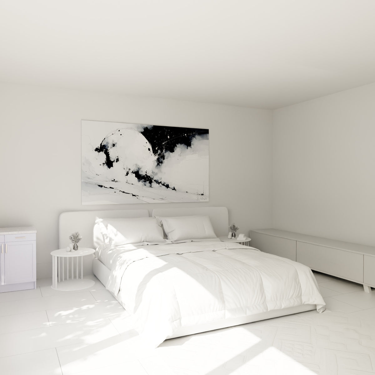 Astre blanc et nuages noirs tourbillonnants au-dessus d'un lit dans une chambre claire