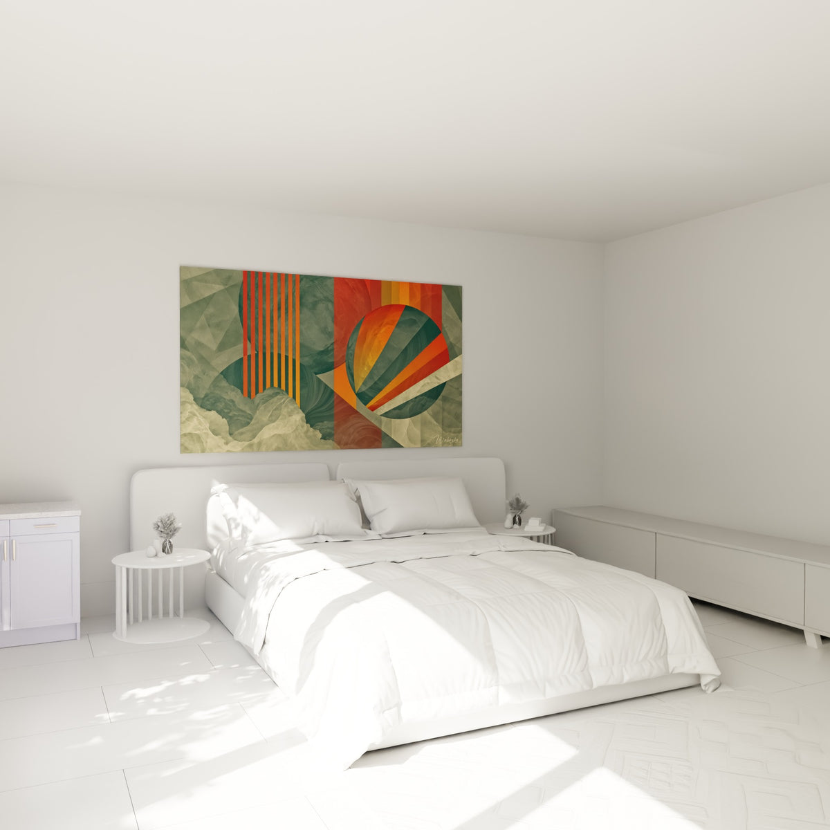 Sphère cosmique orange et anthracite aux rayures colorées, accrochée au-dessus d'un lit dans une chambre claire