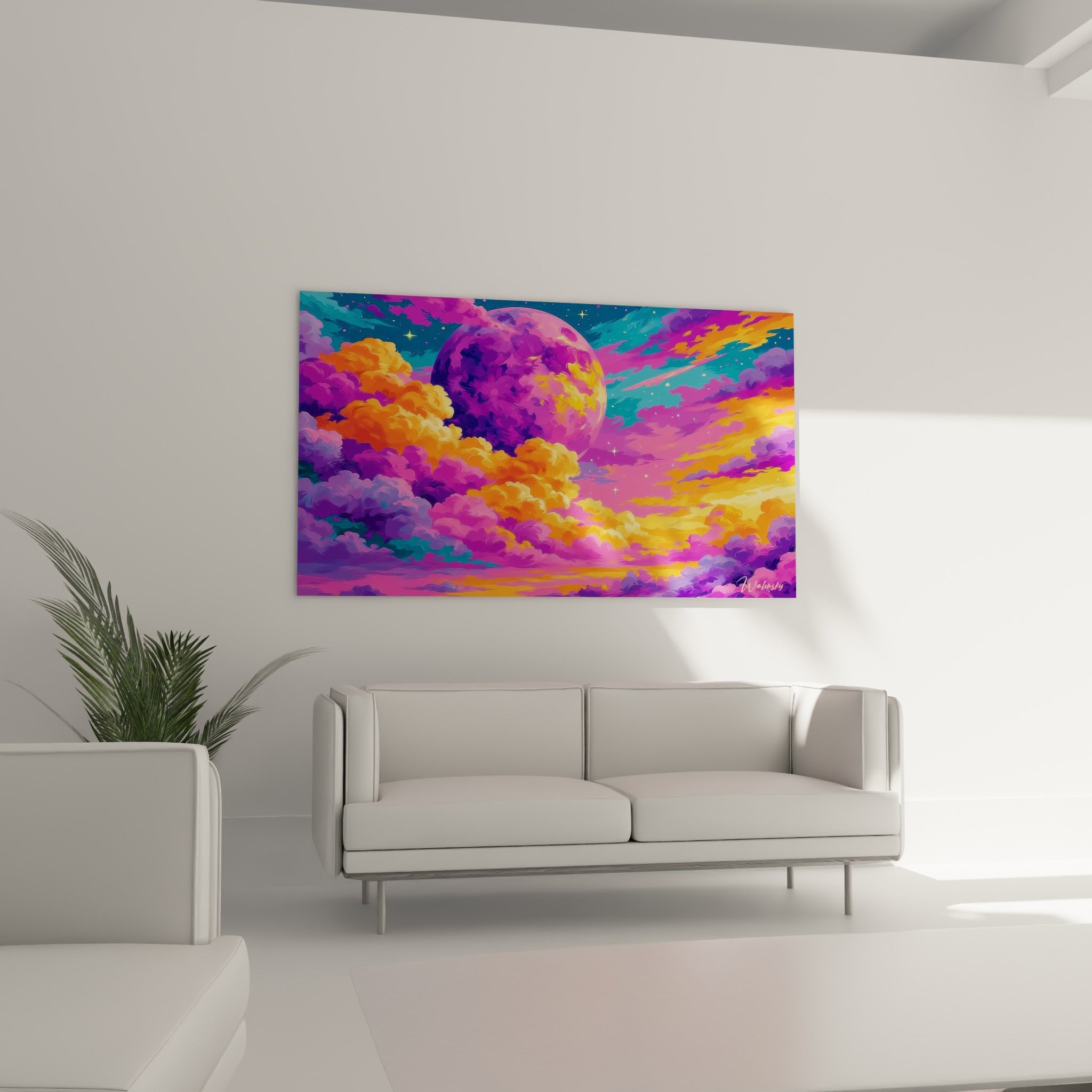 Œuvre onirique aux teintes fuchsia et dorées accrochée au-dessus d'un canapé dans un salon lumineux