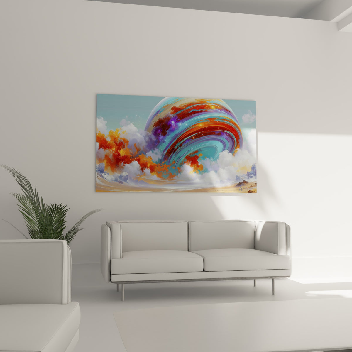 Tourbillon cosmique violet et turquoise entouré de nuages fauves, placé au-dessus d'un canapé dans un salon lumineux