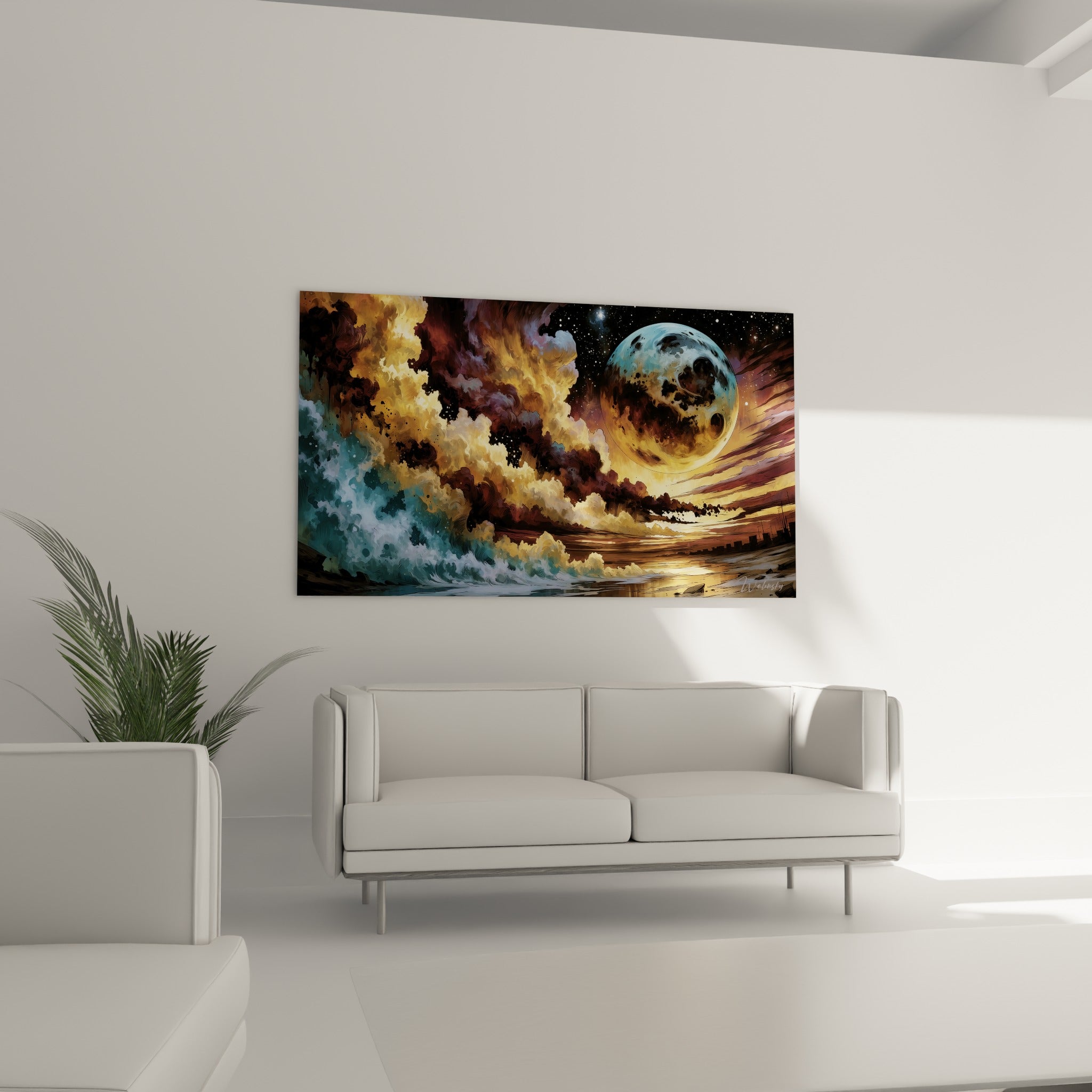 Nuages ocre et lune cuivrée dominant une mer agitée, tableau Planète au-dessus d'un canapé dans un salon lumineux