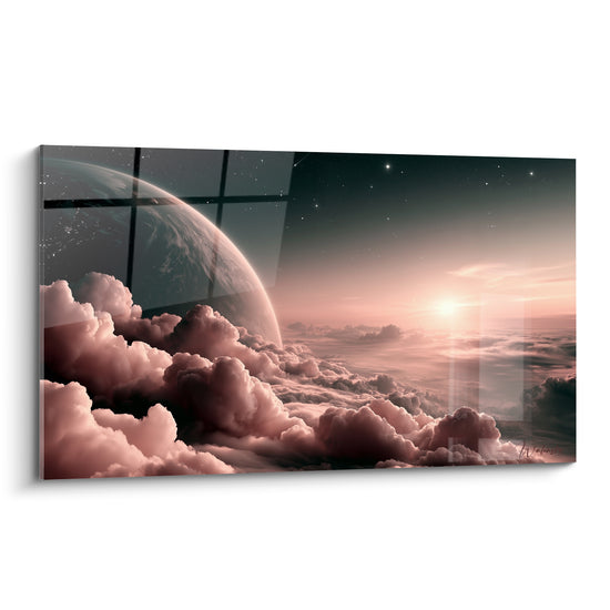 Planète bleutée derrière une fenêtre, nuages rose terracotta et ciel anthracite étoilé au lever du soleil