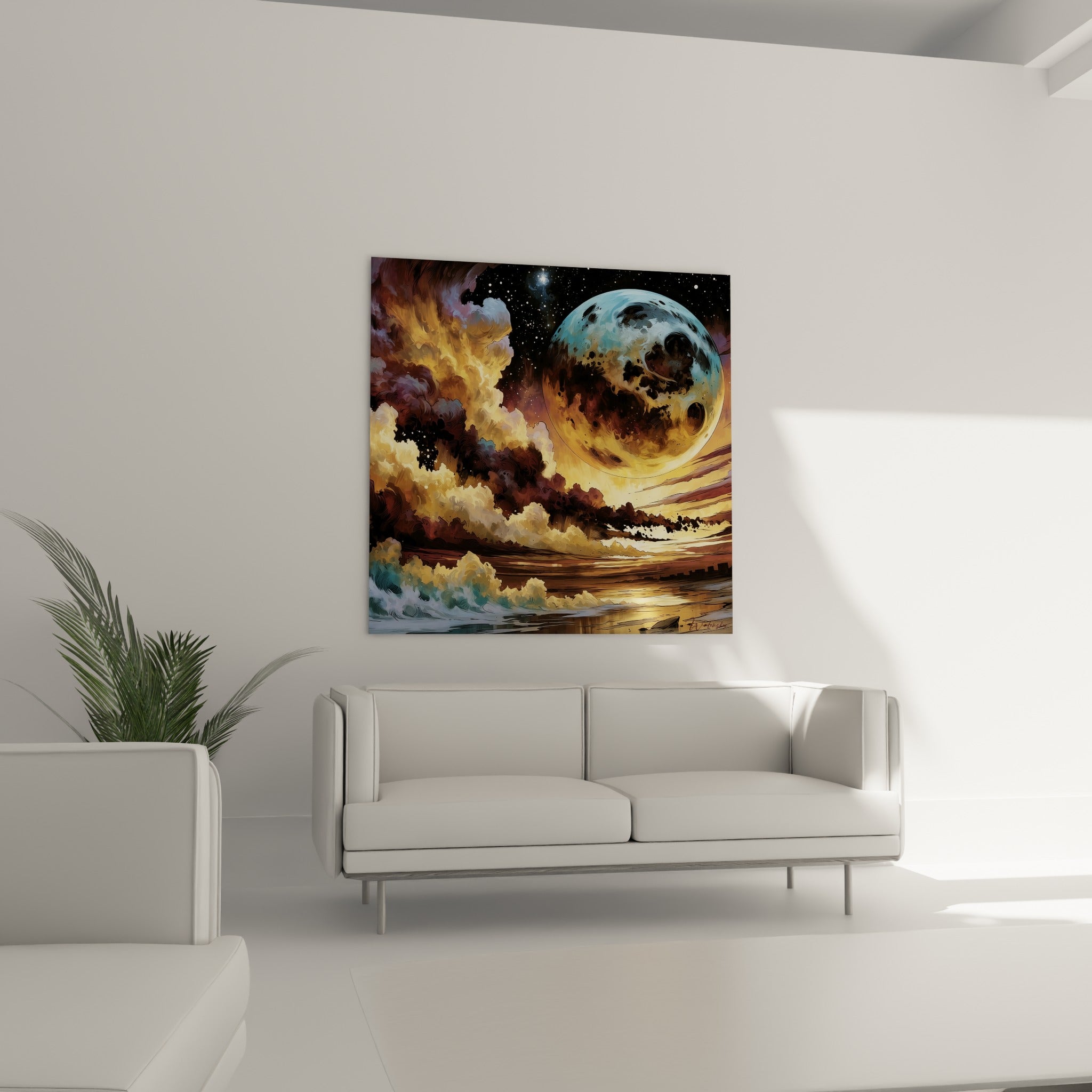 Nuées ocre et dorées entourant une lune bleutée accrochée au-dessus d'un canapé dans un salon lumineux