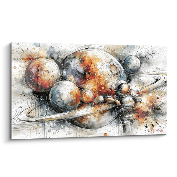 Tableau Sphères multiples orange et grises aux esquisses encrées - Éclaboussures d'encre noire - Edition Planète