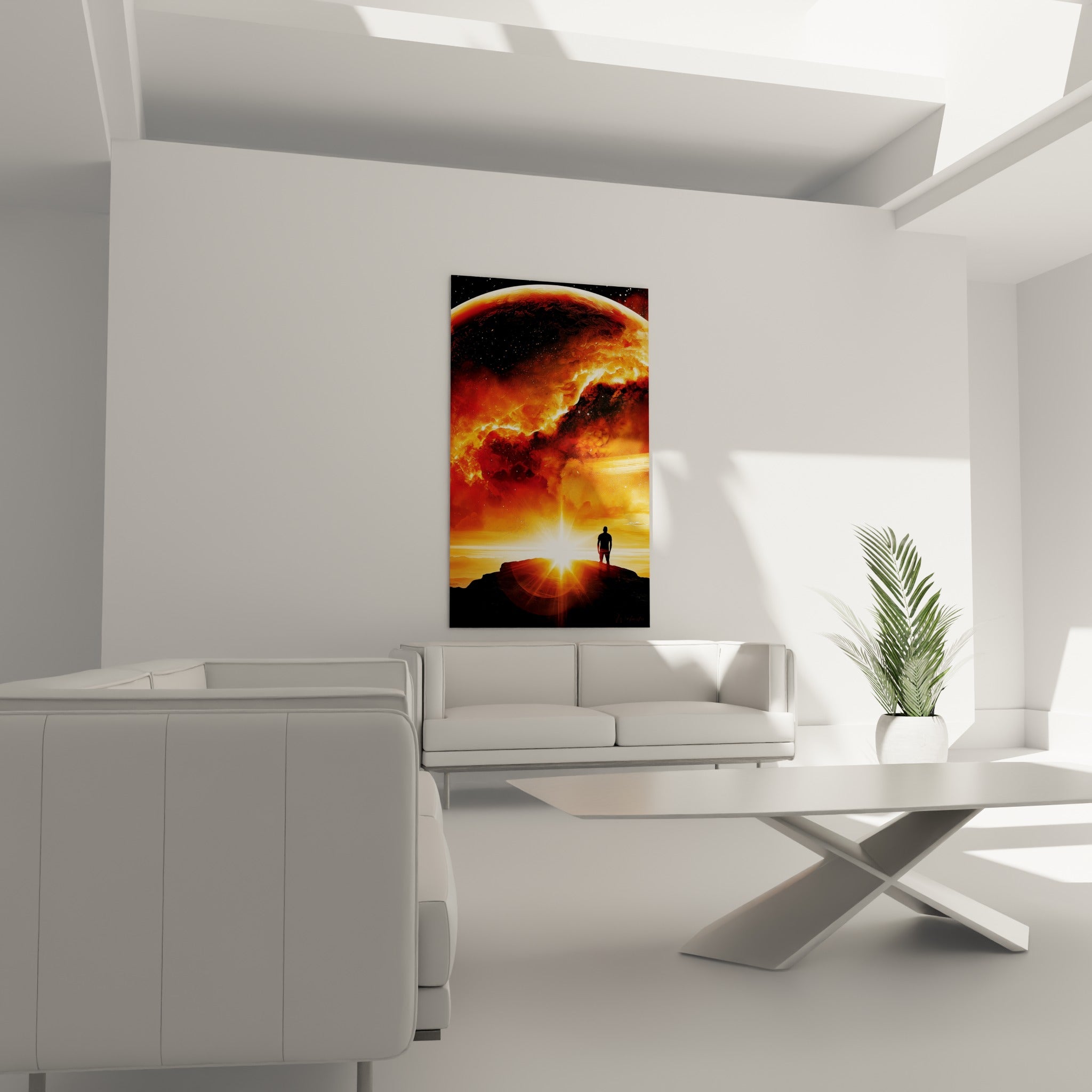 Planète en fusion aux teintes ocre et anthracite, disposée au-dessus d'un canapé dans un salon lumineux