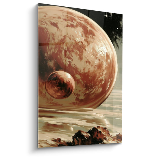 Tableau Planète cuivrée et petite lune jumelle - Rochers sur rivage brumeux - Edition Planète