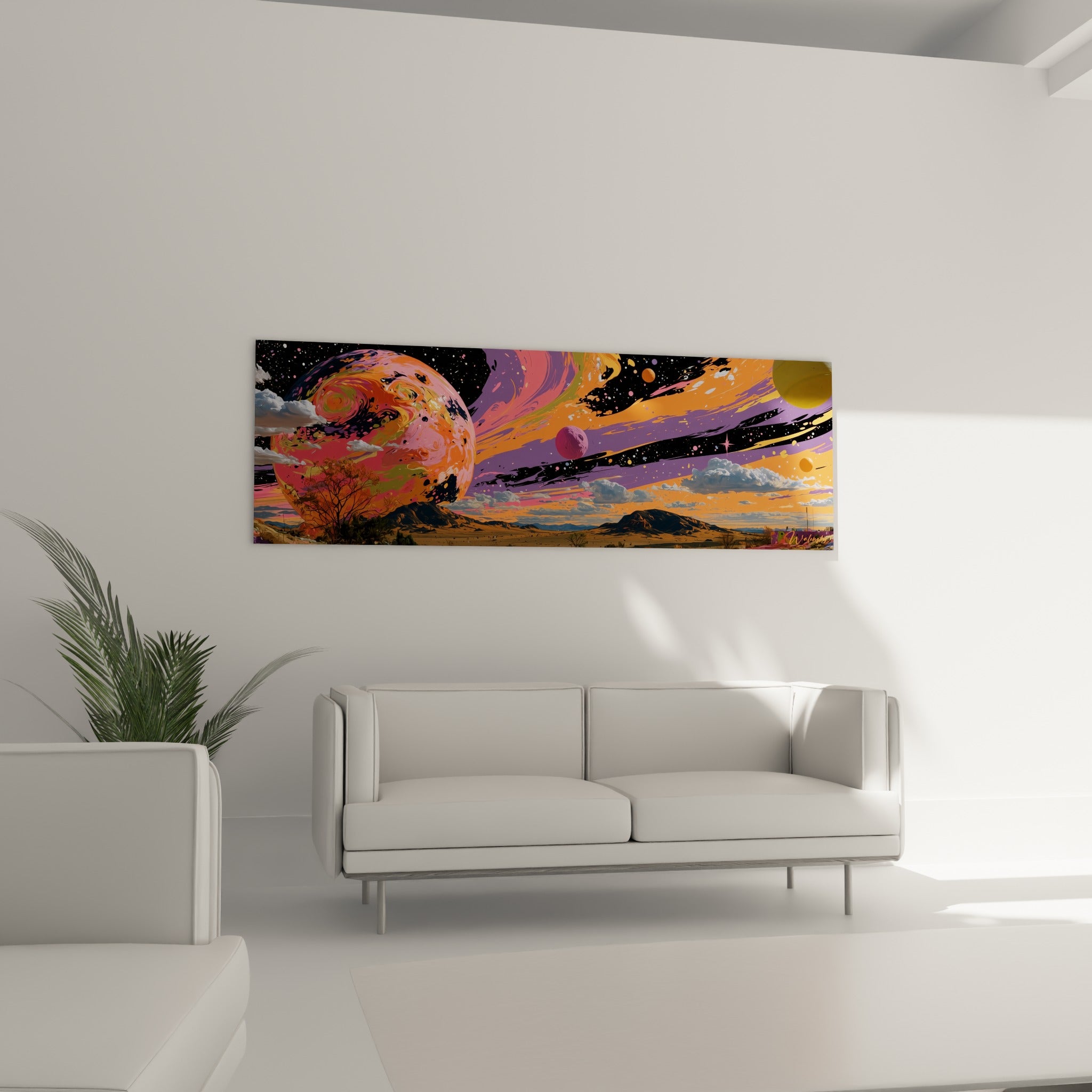 Astre orange et mauve dominant un paysage désertique, au-dessus d'un canapé dans un salon lumineux