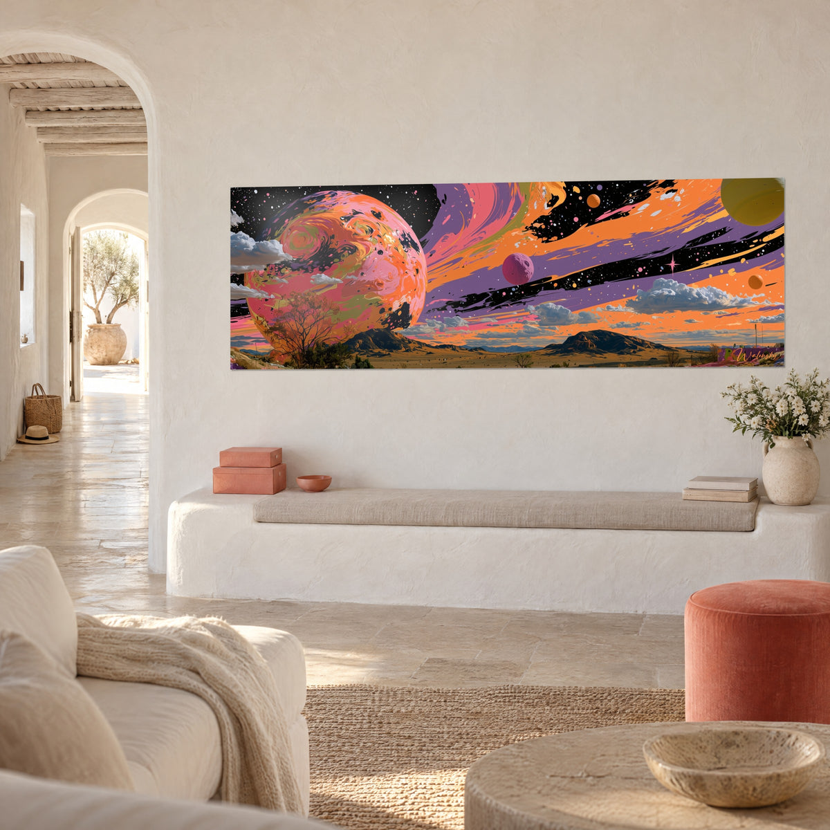 Tableau globe corail tourbillonnant dans un ciel violet et orange, petites lunes et nuages blancs, vue de trois-quarts près d'un banc blanc