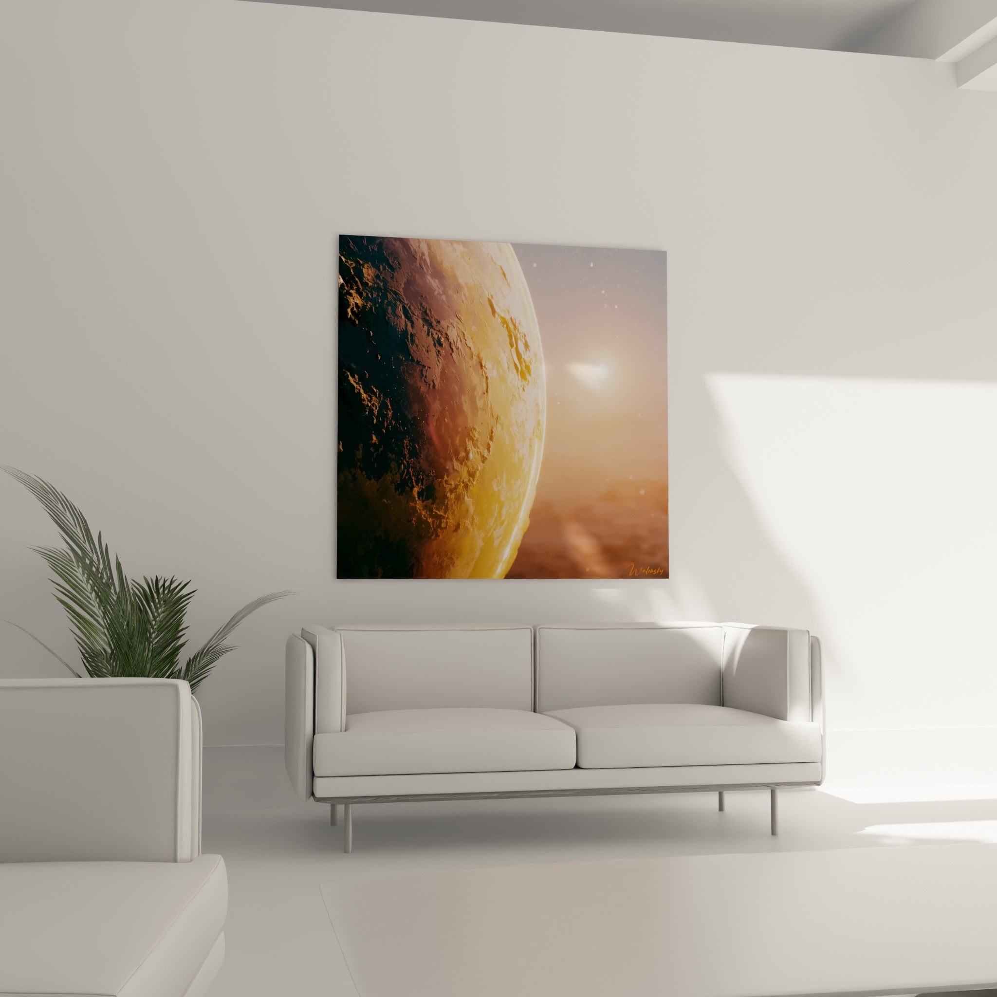 Sphère cosmique ocre et anthracite au relief texturé, accrochée au-dessus d'un canapé dans un salon lumineux