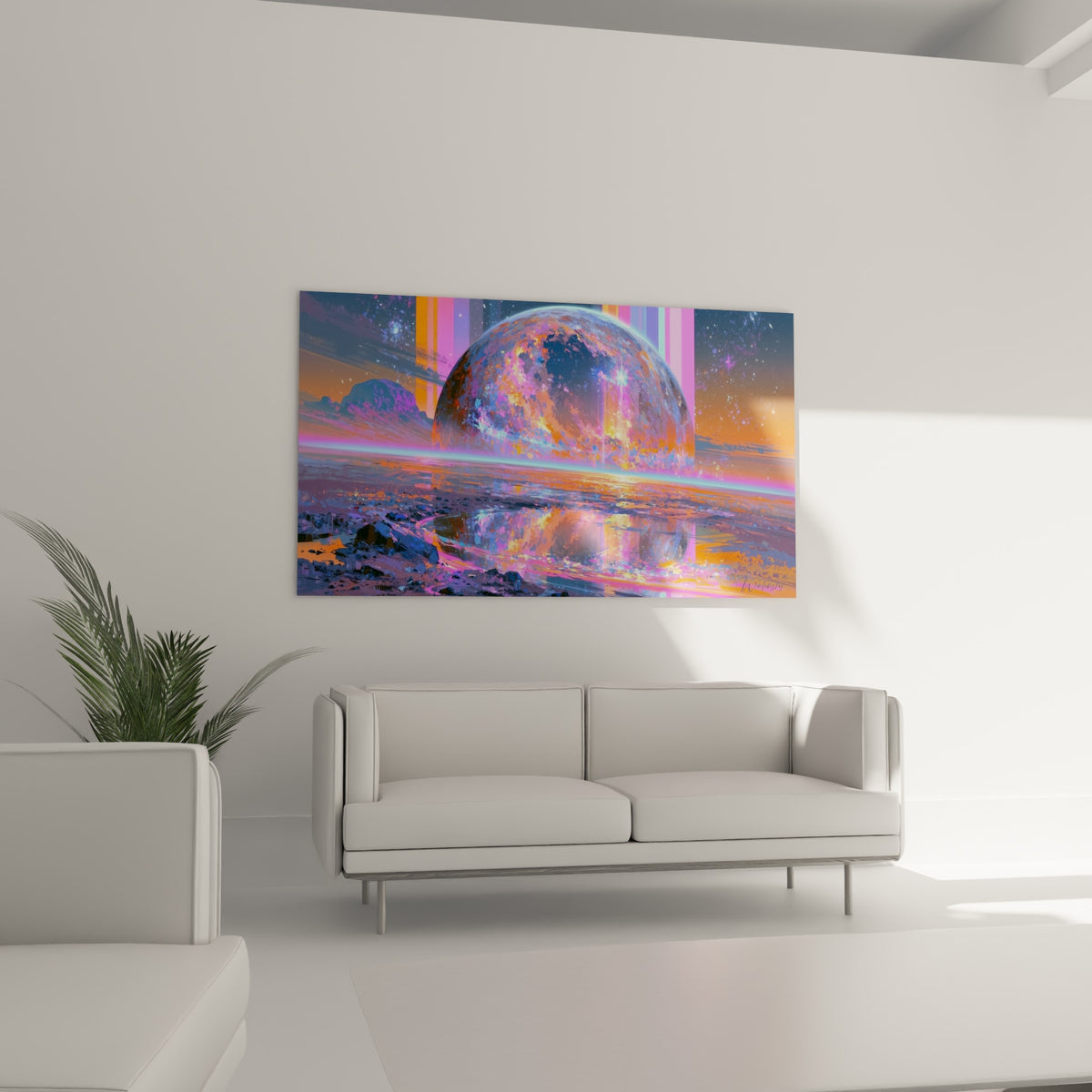 Sphère cosmique ocre et rose surplombant un sol rocheux, au-dessus d'un canapé dans un salon lumineux