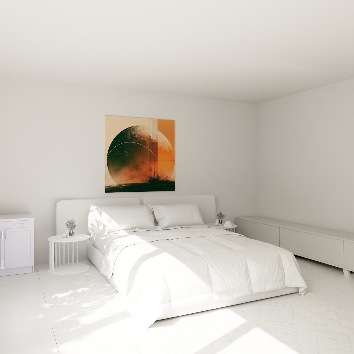 Planète mi-sombre mi-orangée aux rayures verticales, accrochée au-dessus d'un lit dans une chambre claire
