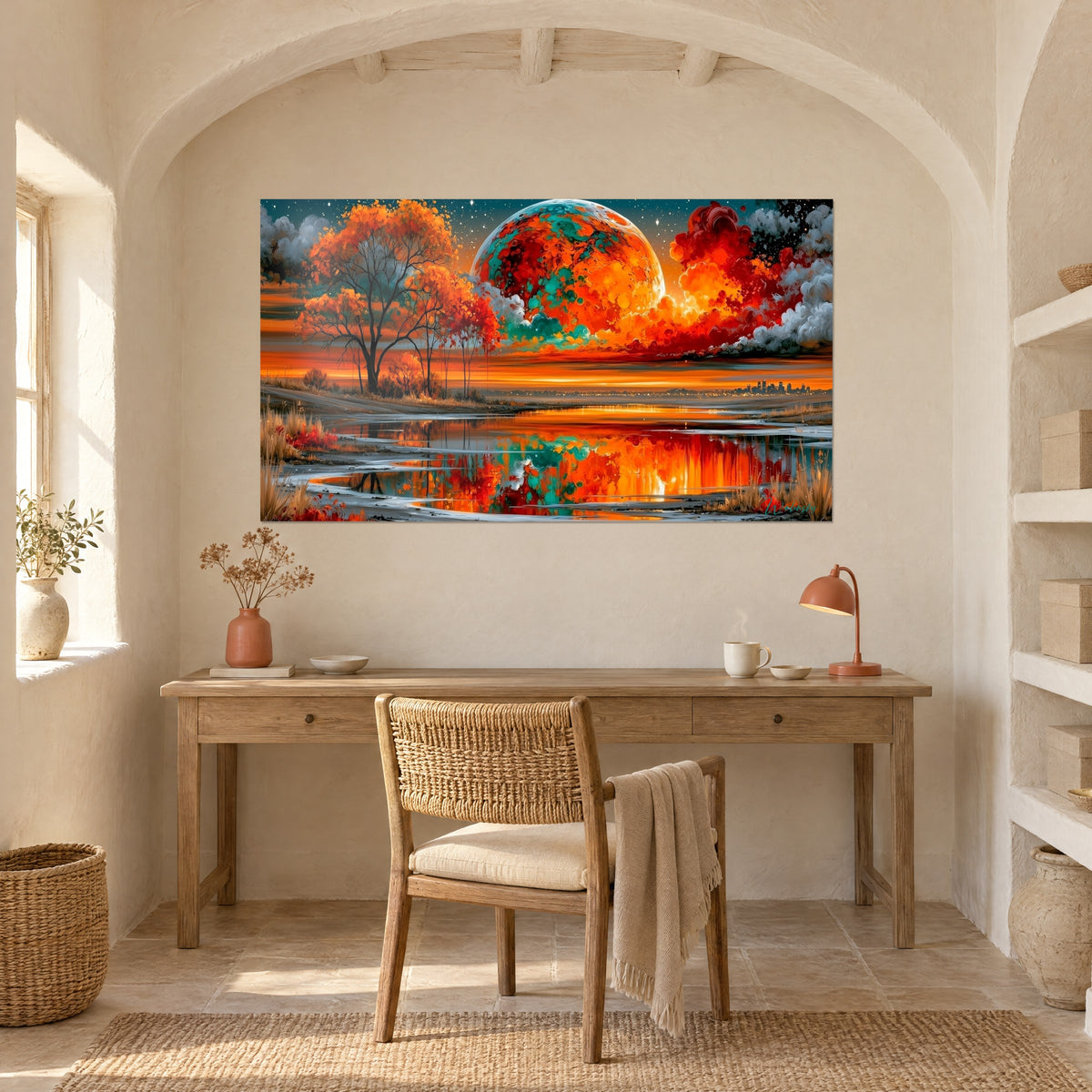 Tableau soleil énorme tacheté de turquoise sur fond de ciel étoilé, arbre automnal orangé, accroché au-dessus d'un bureau en bois clair