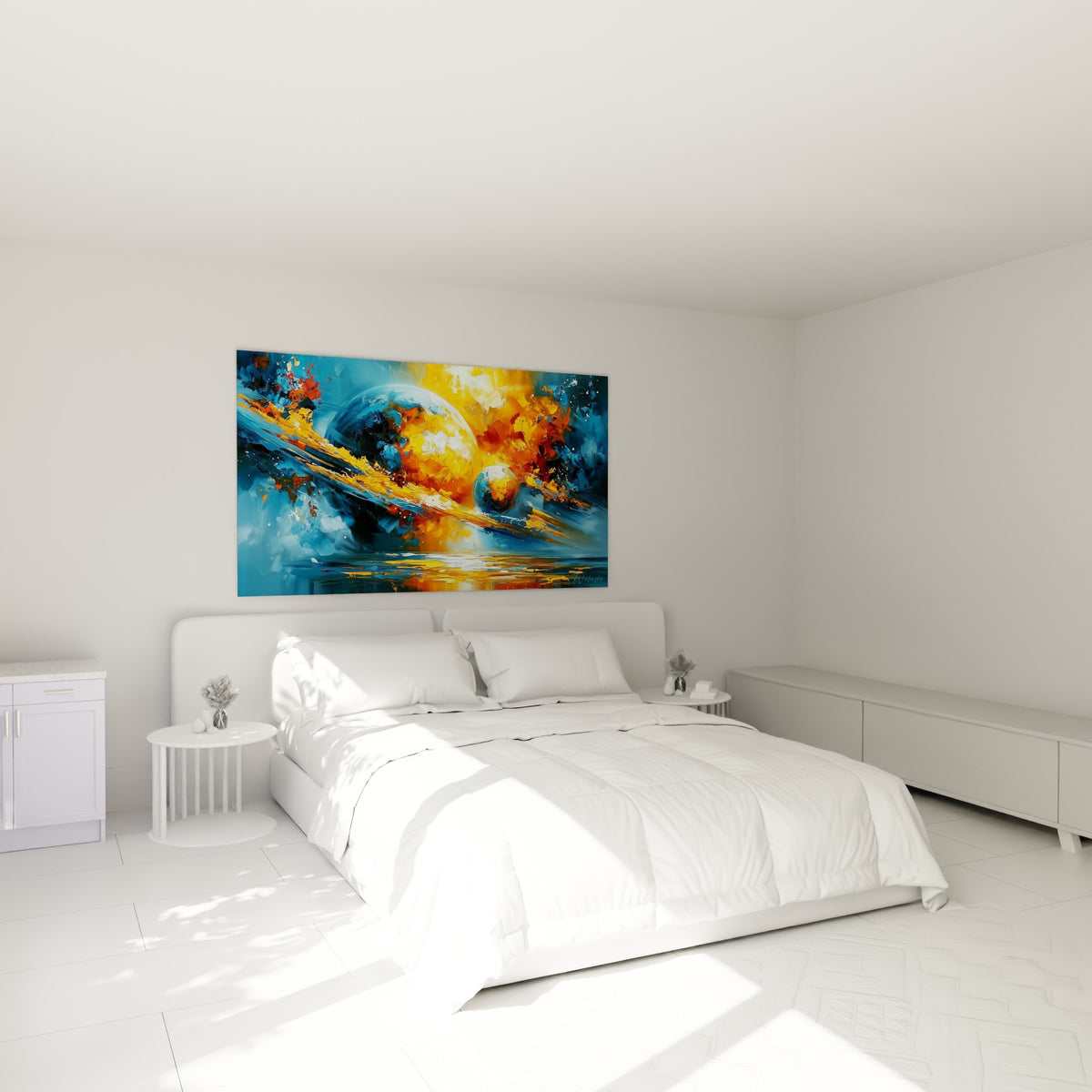 Deux sphères bleu pétrole et orangées en collision cosmique, au-dessus d'un lit dans une chambre claire