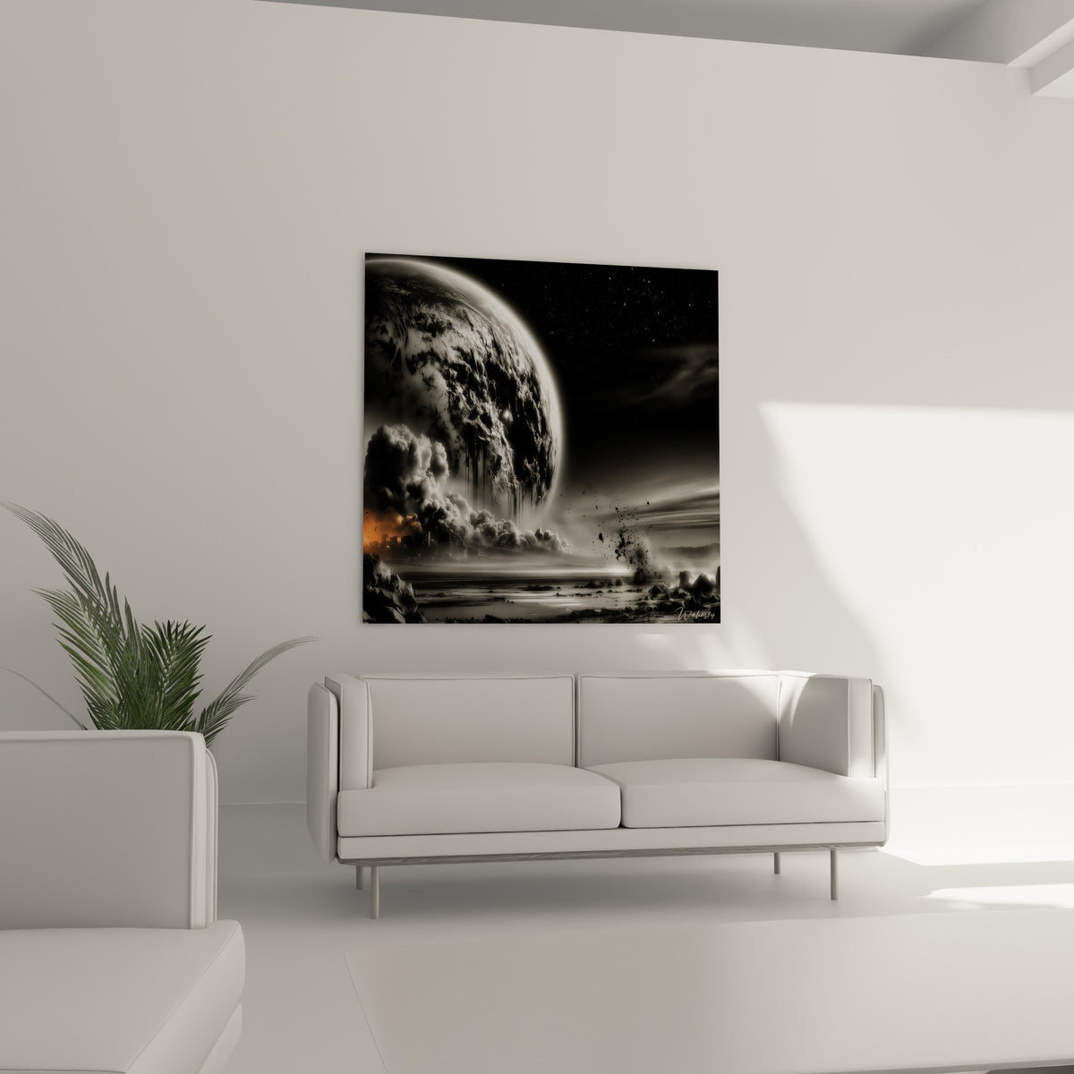 Monde gris et flammes orangées de ce tableau Planète suspendu au-dessus d'un canapé dans un salon lumineux.