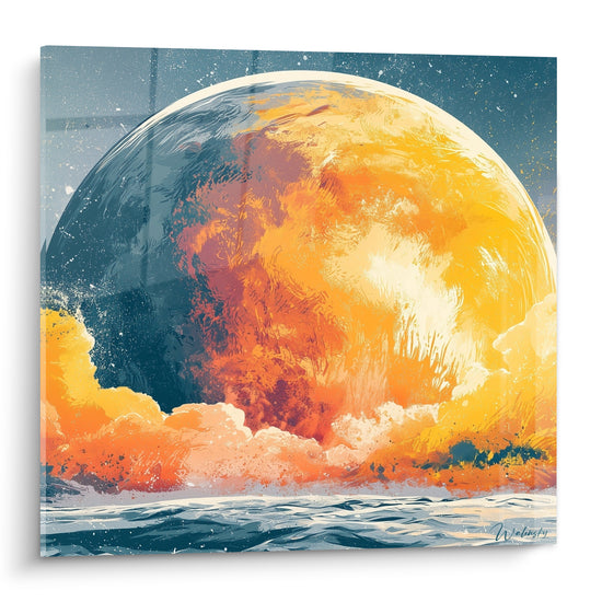 Planète orange embrasée aux nuages ocre sur fond bleu marine étoilé et texturé