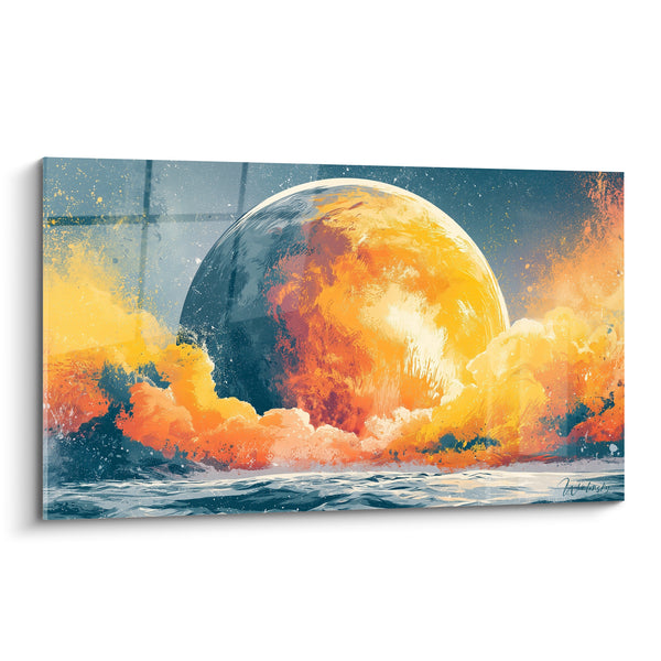 Tableau Sphère jaune et bleu ardoise sur mer agitée - Nuages en éruption - Edition Planète