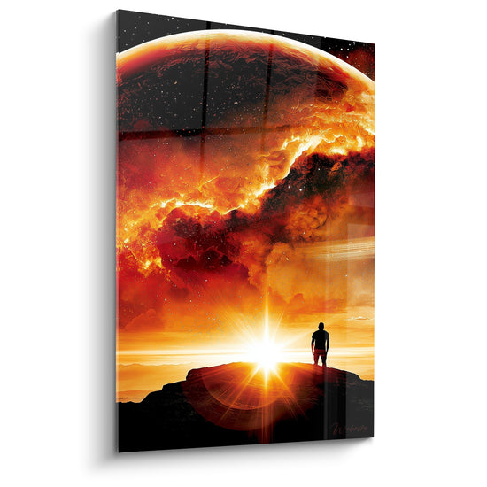 Silhouette contemplant une planète orange et noire en fusion sur toile Planète