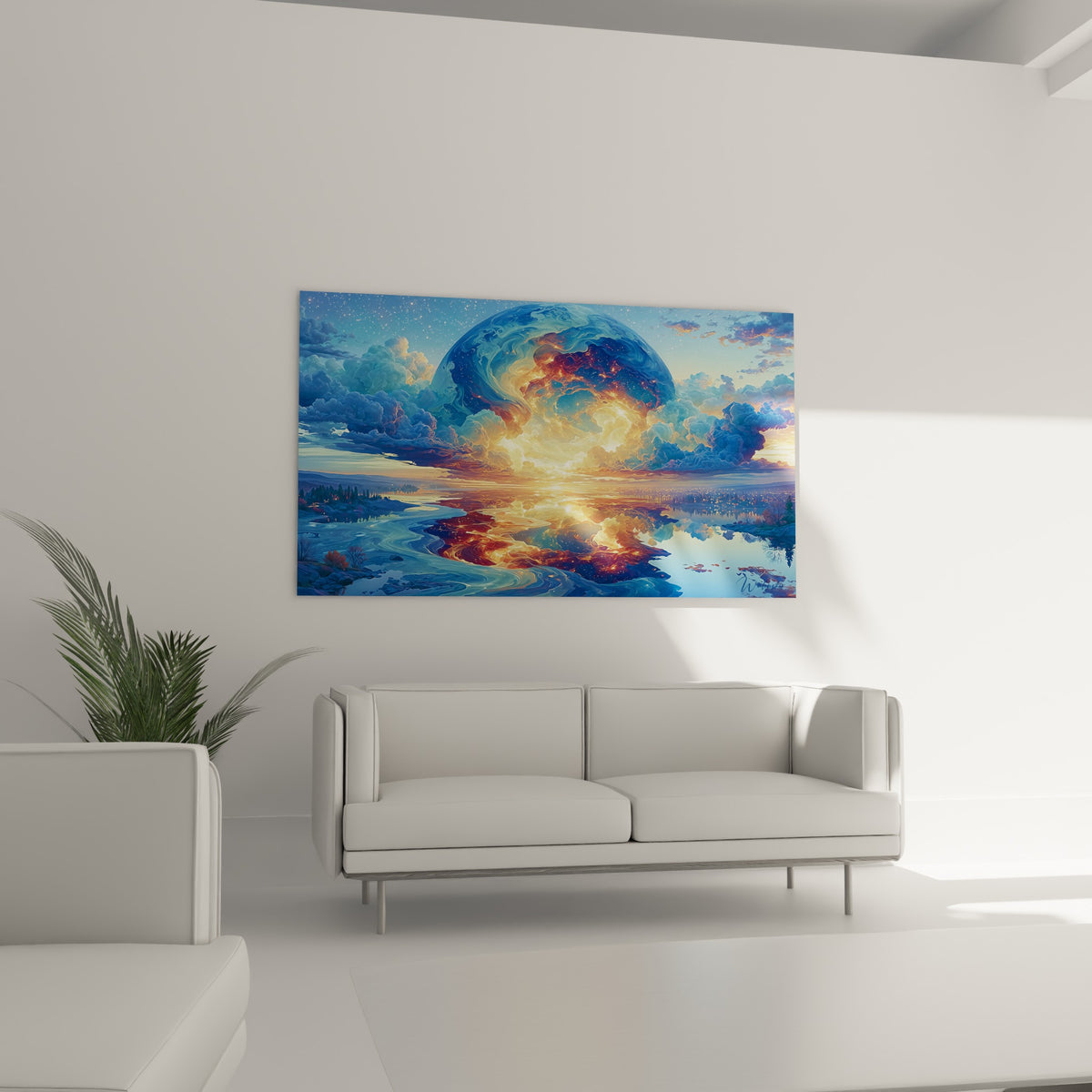 Planète incandescente orange et bleu marine dominant un paysage aquatique, au-dessus d'un canapé dans un salon lumineux