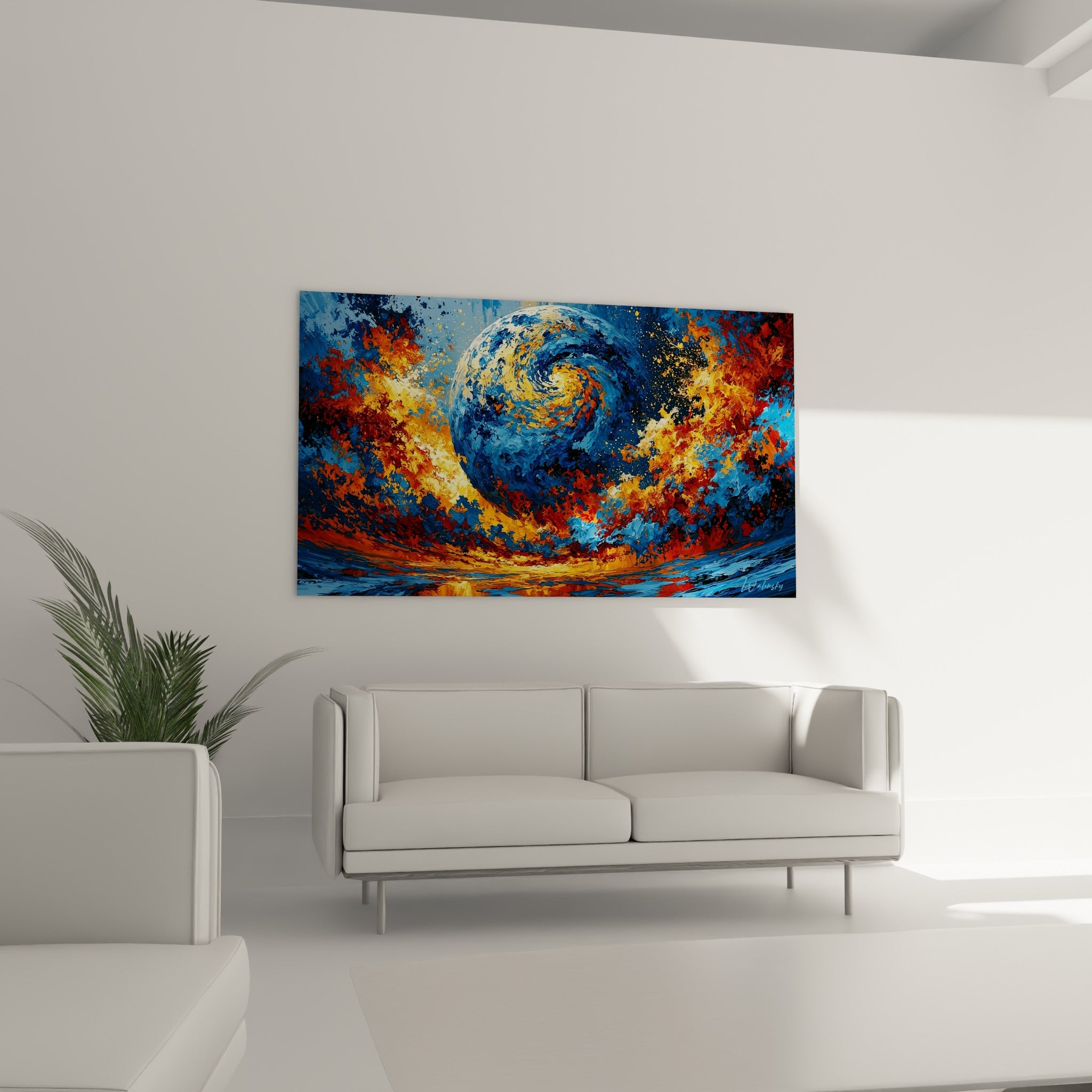 Explosion de bleu profond et d'orange brûlé formant une planète tourbillonnante, au-dessus d'un canapé dans un salon lumineux