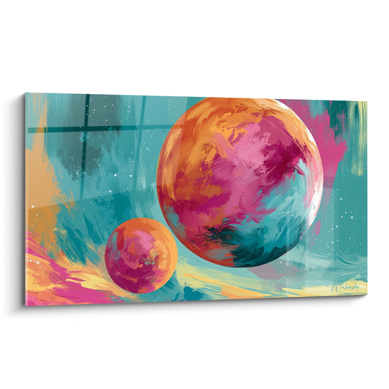 Planète orange et magenta flottant sur fond turquoise étoilé, texture picturale dense