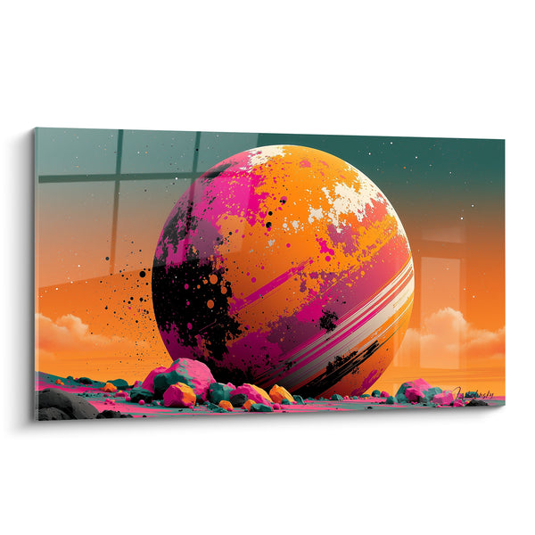 Tableau Sphère orange et magenta aux éclaboussures noires - Rochers roses éparpillés - Edition Planète