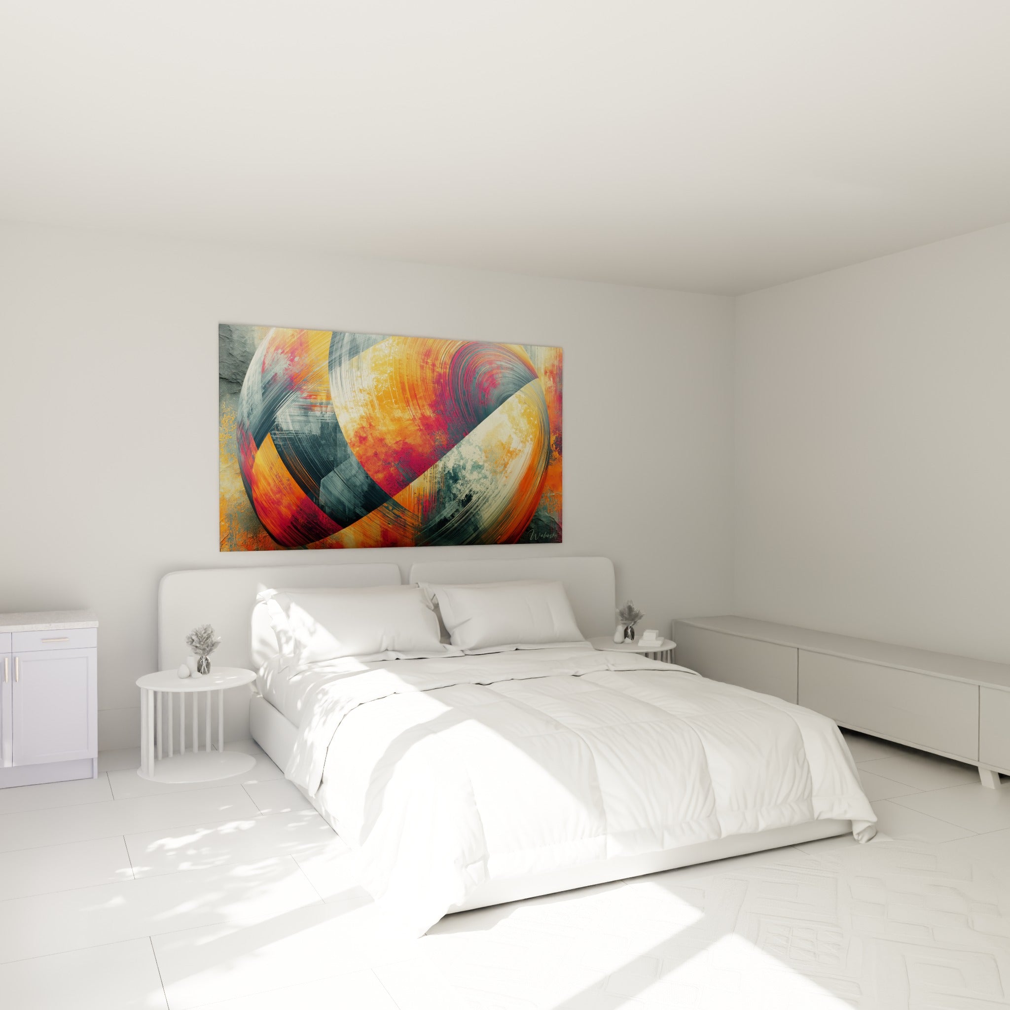 Planète abstraite orange et anthracite aux coulures rouges, accrochée au-dessus d'un lit dans une chambre claire
