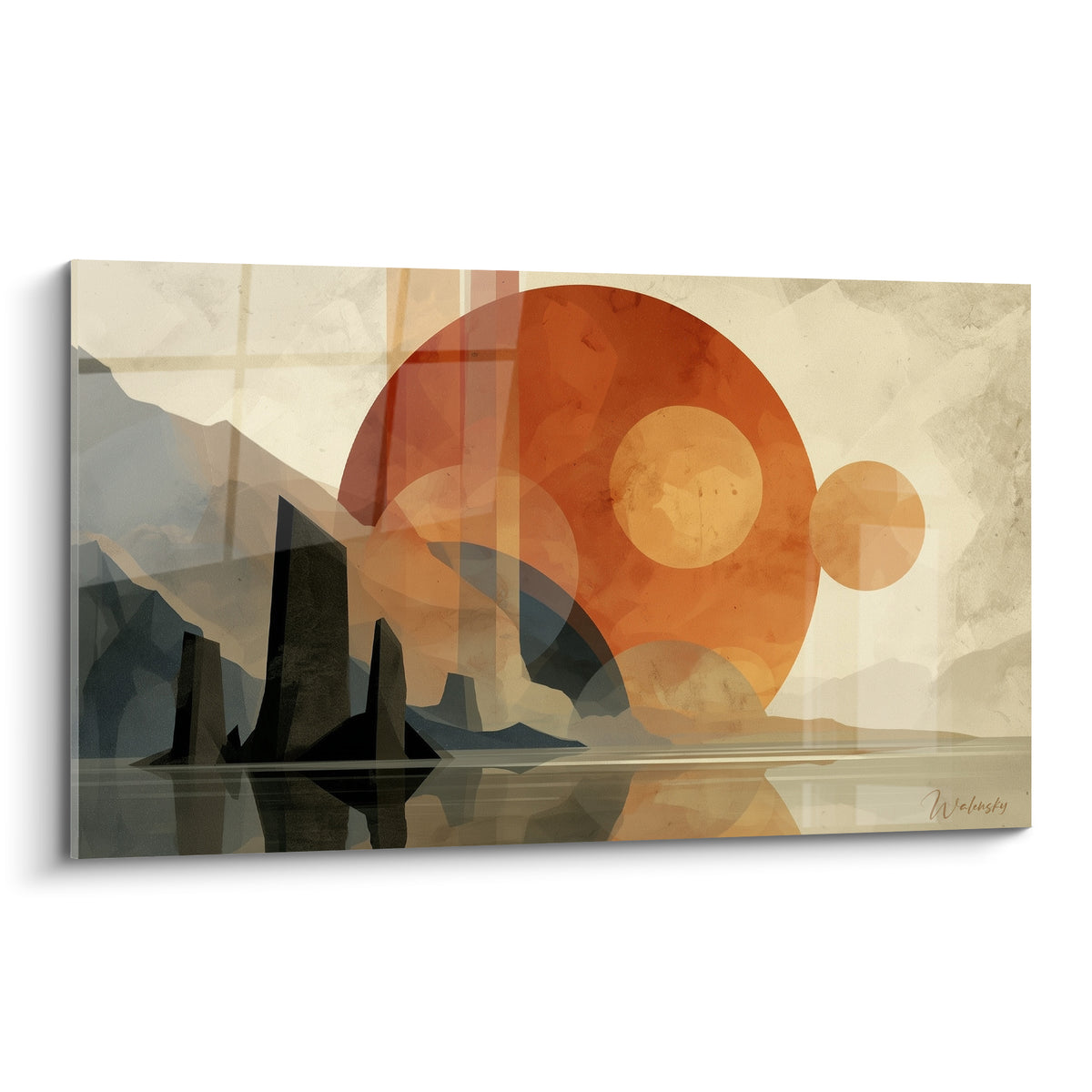 Planète orange domine un ciel ocre, rochers anthracite reflétés dans une eau calme sous des lignes graphiques.