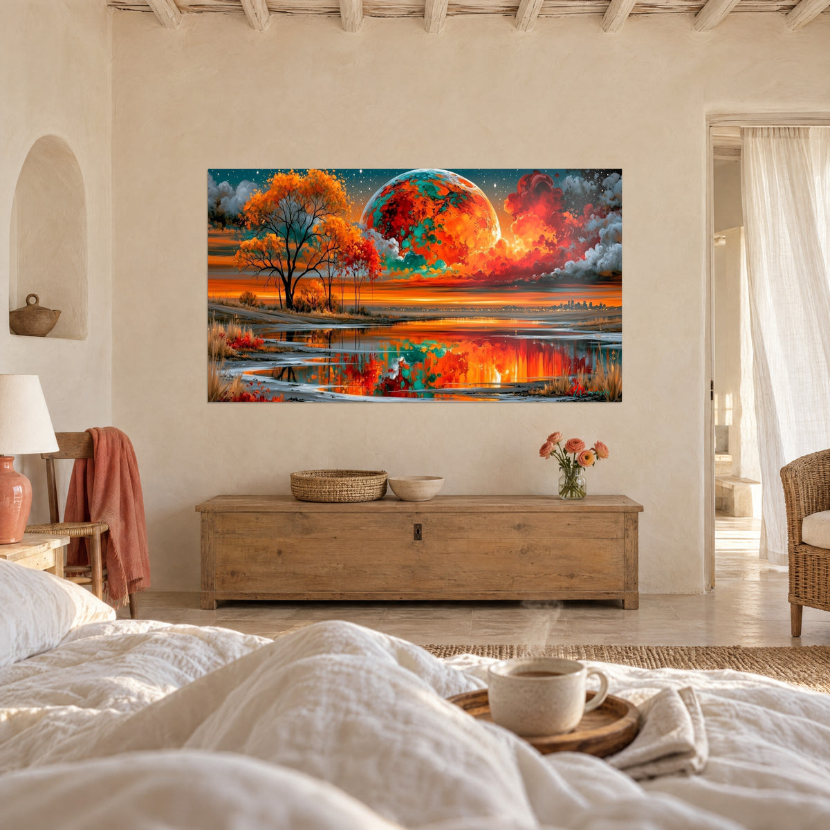 Tableau apparition céleste en flammes orange et rouges, ciel étoilé sombre, reflets dans le marais, au-dessus d'un lit dans une chambre claire