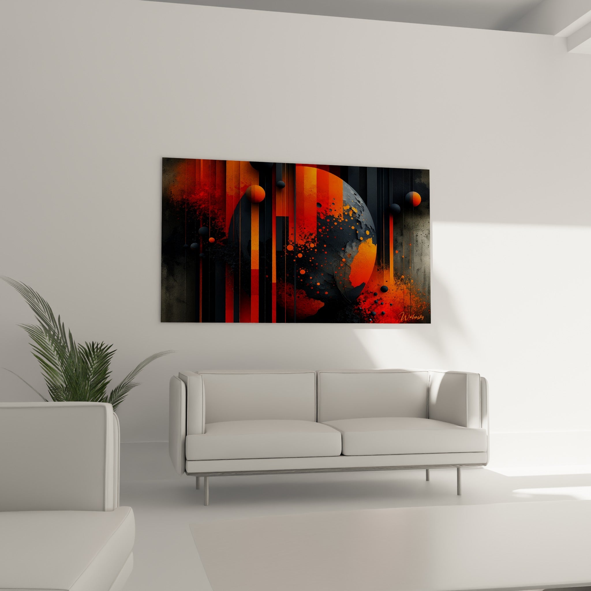 Planète texturée noire et orange incandescent suspendue au-dessus d'un canapé dans un salon lumineux
