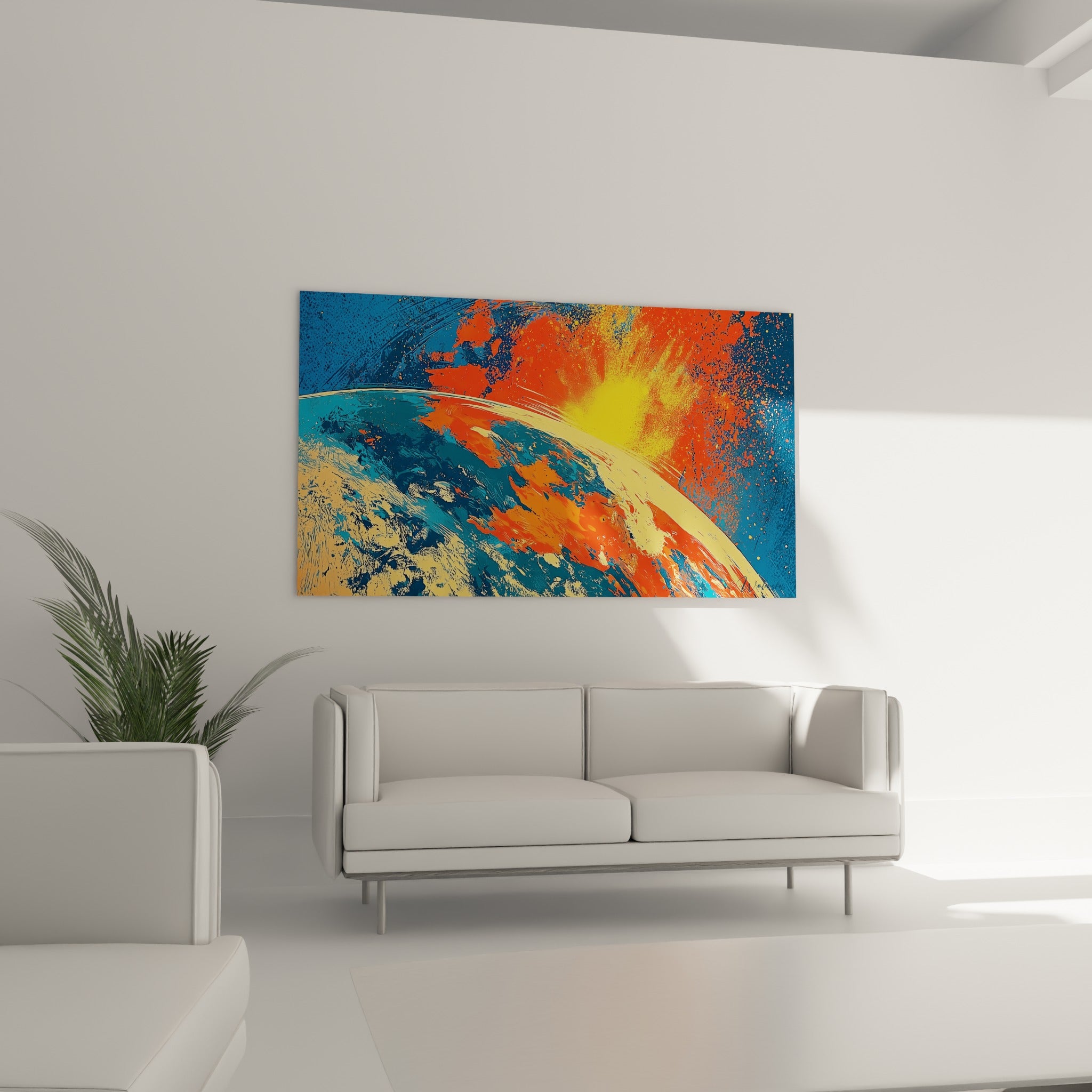Astre bleu et orange en pleine éruption solaire, suspendu au-dessus d'un canapé dans un salon lumineux