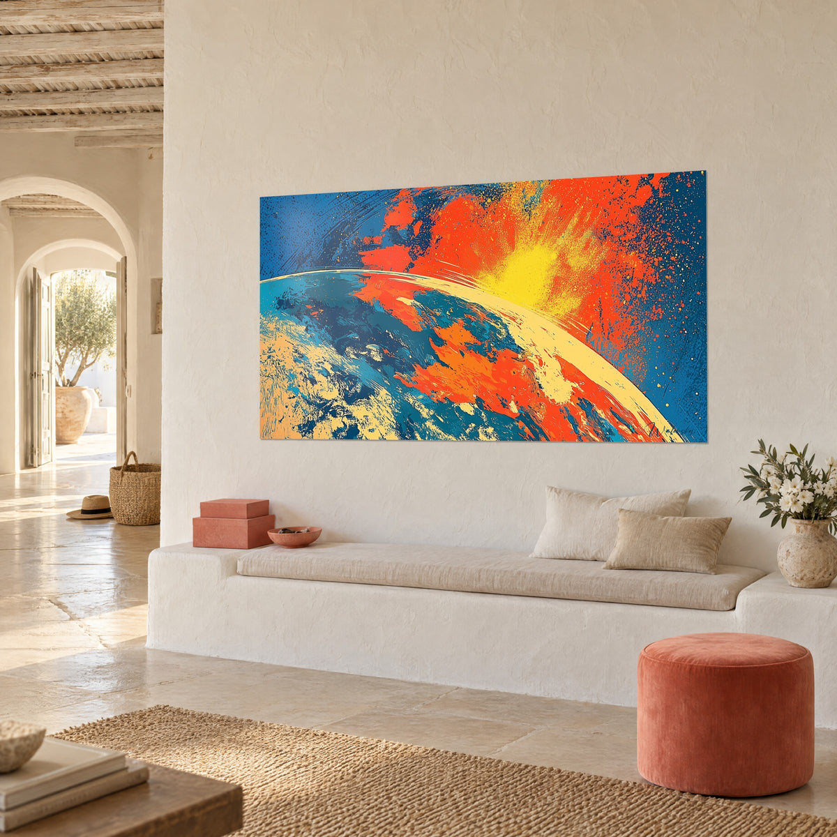 Tableau globe terrestre en fusion, croissant bleu turquoise et flammes orange, accroché en vue de trois-quarts dans une maison méditerranéenne