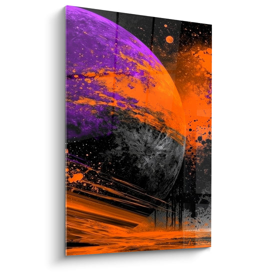 Tableau Planète violette et orange aux éclaboussures d'encre - Petites lunes lointaines - Edition Planète