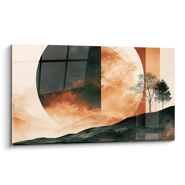 Tableau Planète orange et anthracite aux arbres dénudés - Colline sombre au crépuscule - Edition Planète