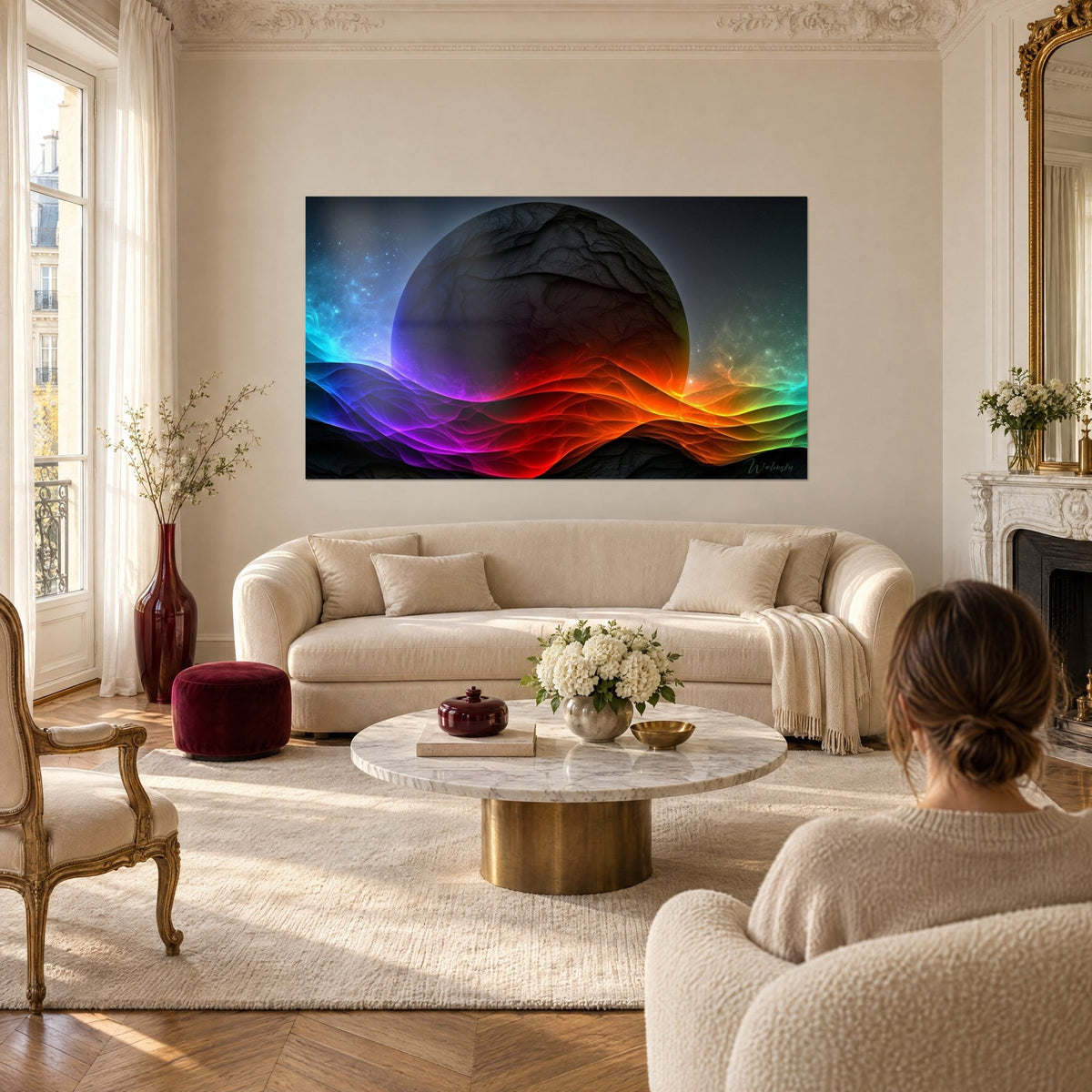 Wall art cracked anthracite sphere over blue and orange waves, woman seen from behind, above a sofa in a bright living room