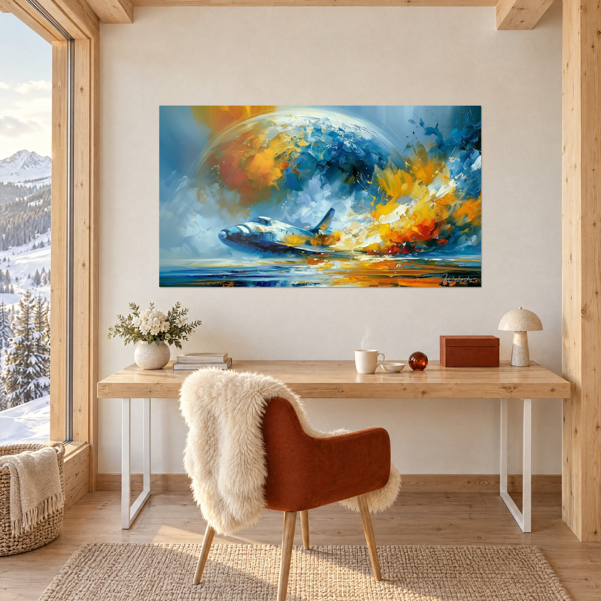 Tableau fusée ailée dans un halo jaune doré sur fond cobalt, mur crème, bureau blanc et fauteuil en fourrure du chalet