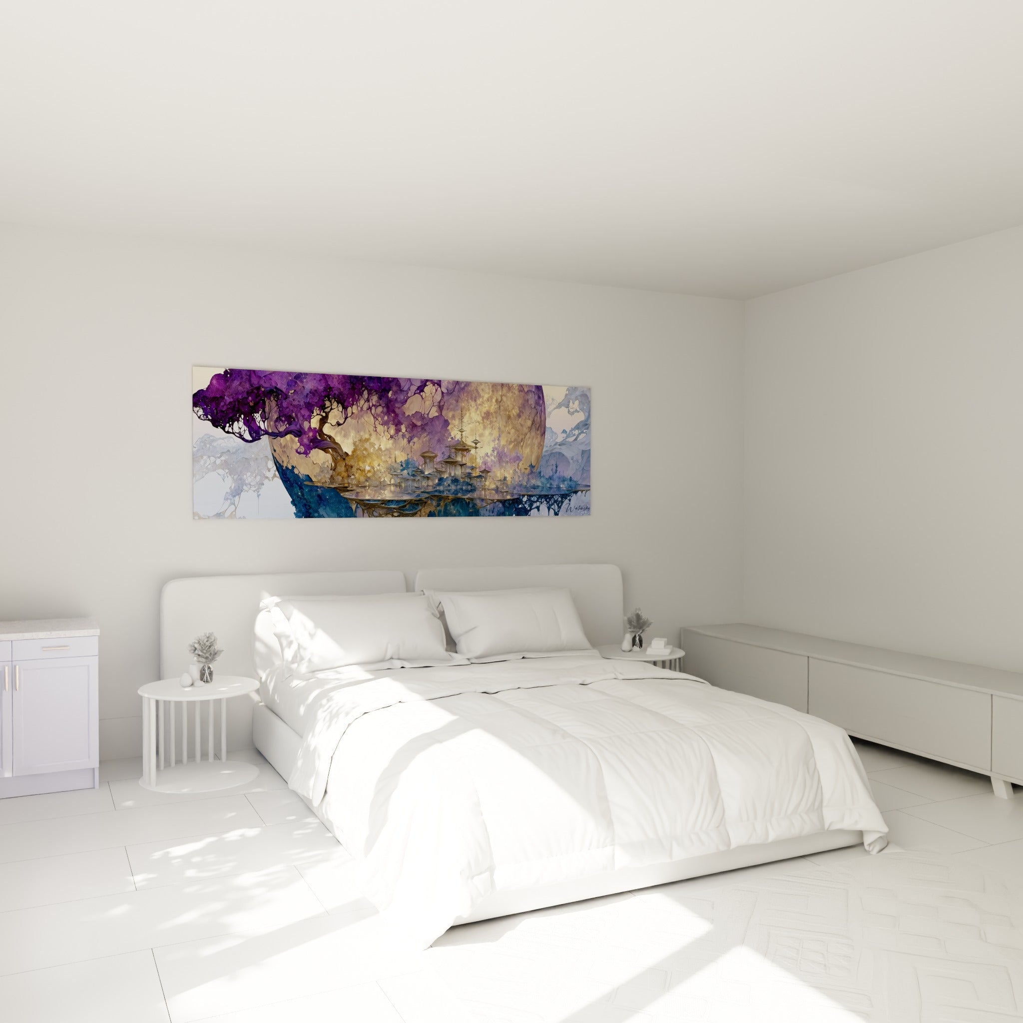 Pagodes dorées et frondaisons violettes du tableau Planète, accrochées au-dessus d'un lit dans une chambre claire