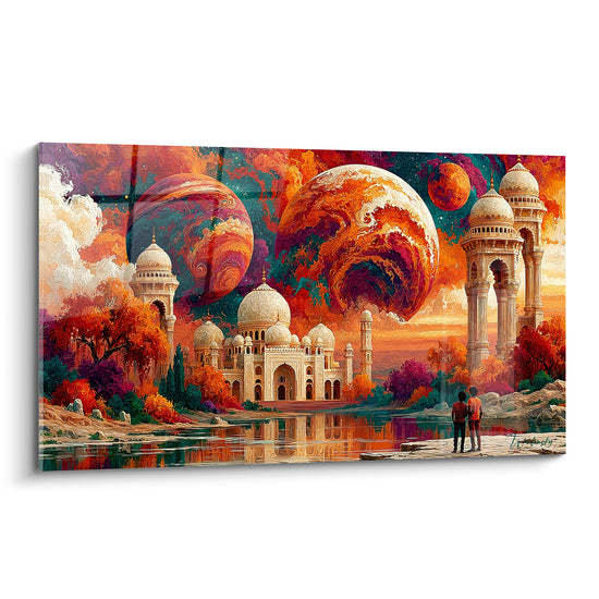 Palais blanc aux dômes orientaux sous des planètes orange et violettes tourbillonnantes