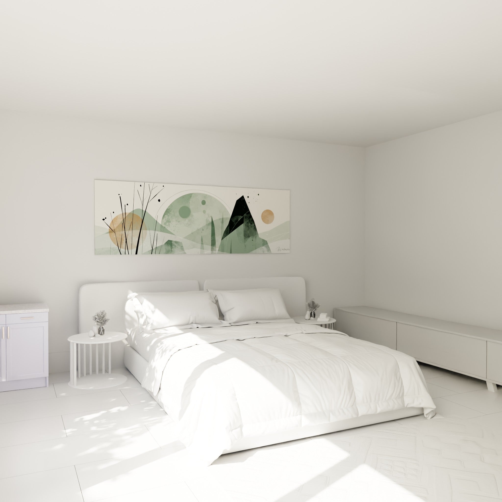 Sommets anthracite et lune ocre du tableau Planète accrochés au-dessus d'un lit dans une chambre claire