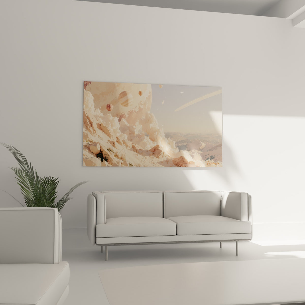 Paysage céleste beige et bleu pastel avec planète à anneaux au-dessus d'un canapé dans un salon lumineux