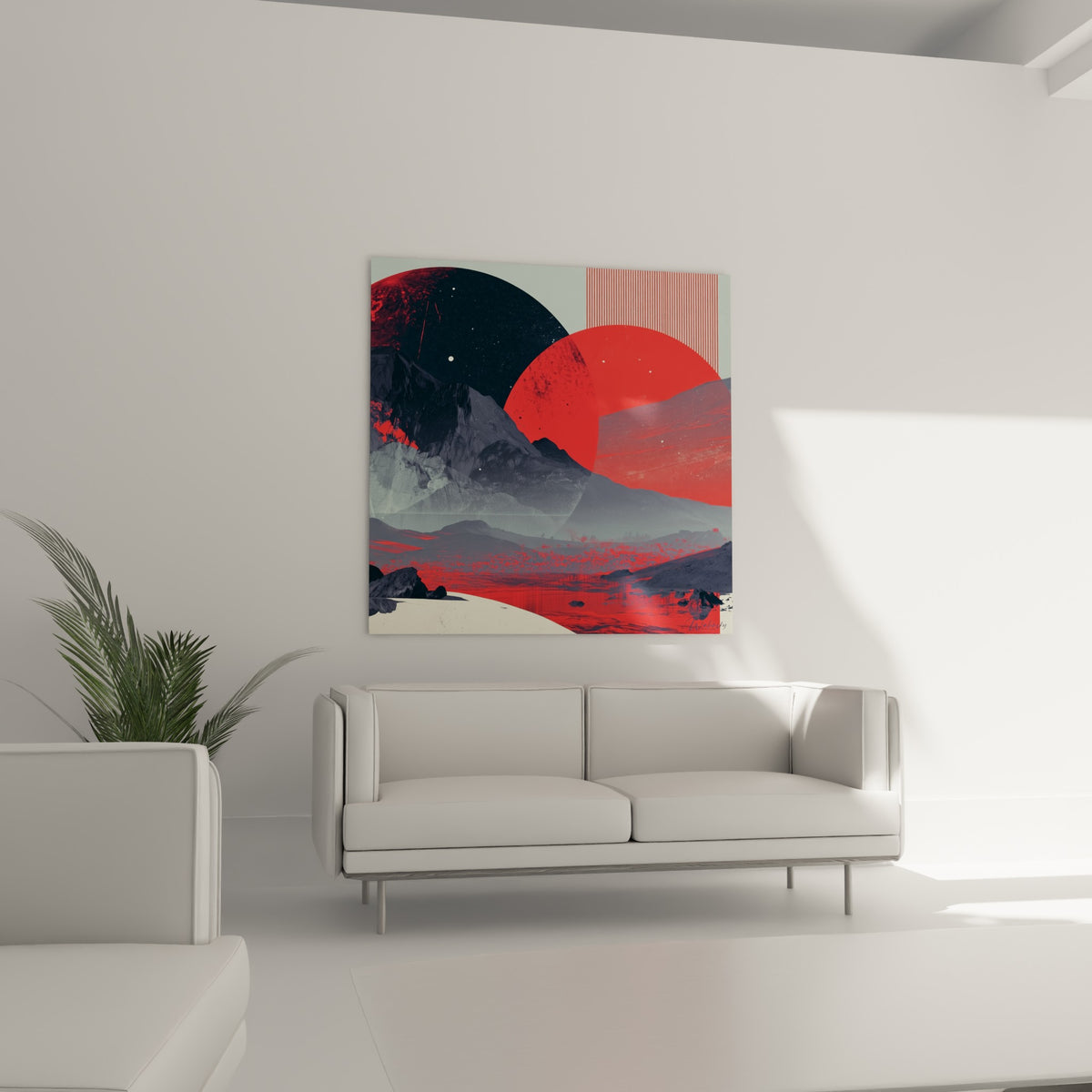 Montagnes bleu gris et soleil écarlate du tableau Planète dominent un canapé dans un salon lumineux.
