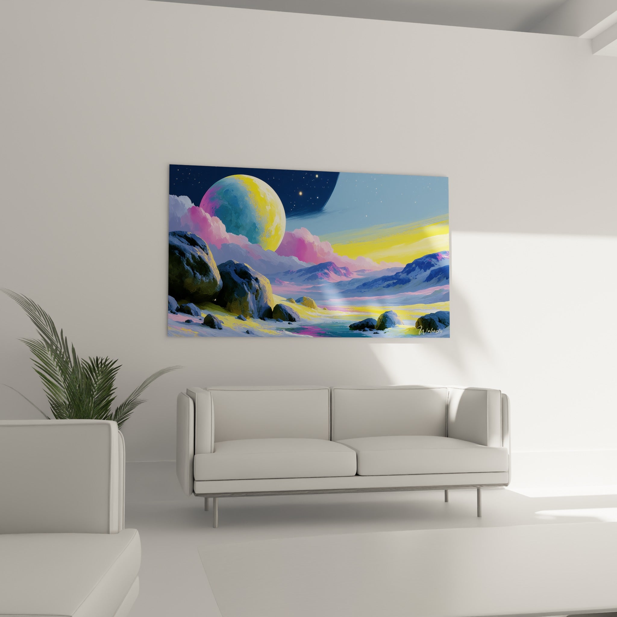Paysage cosmique jaune et violet du tableau Planète, disposé au-dessus d'un canapé dans un salon lumineux