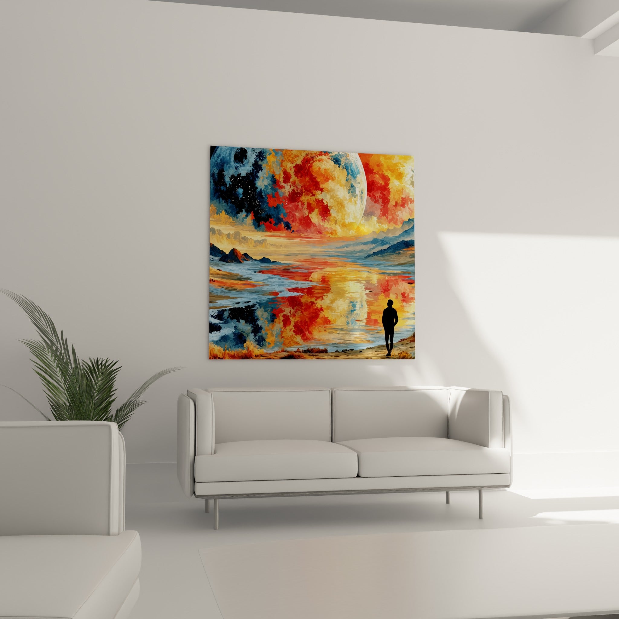 Ciel cosmique rouge et bleu surplombant un promeneur solitaire, au-dessus d'un canapé dans un salon lumineux
