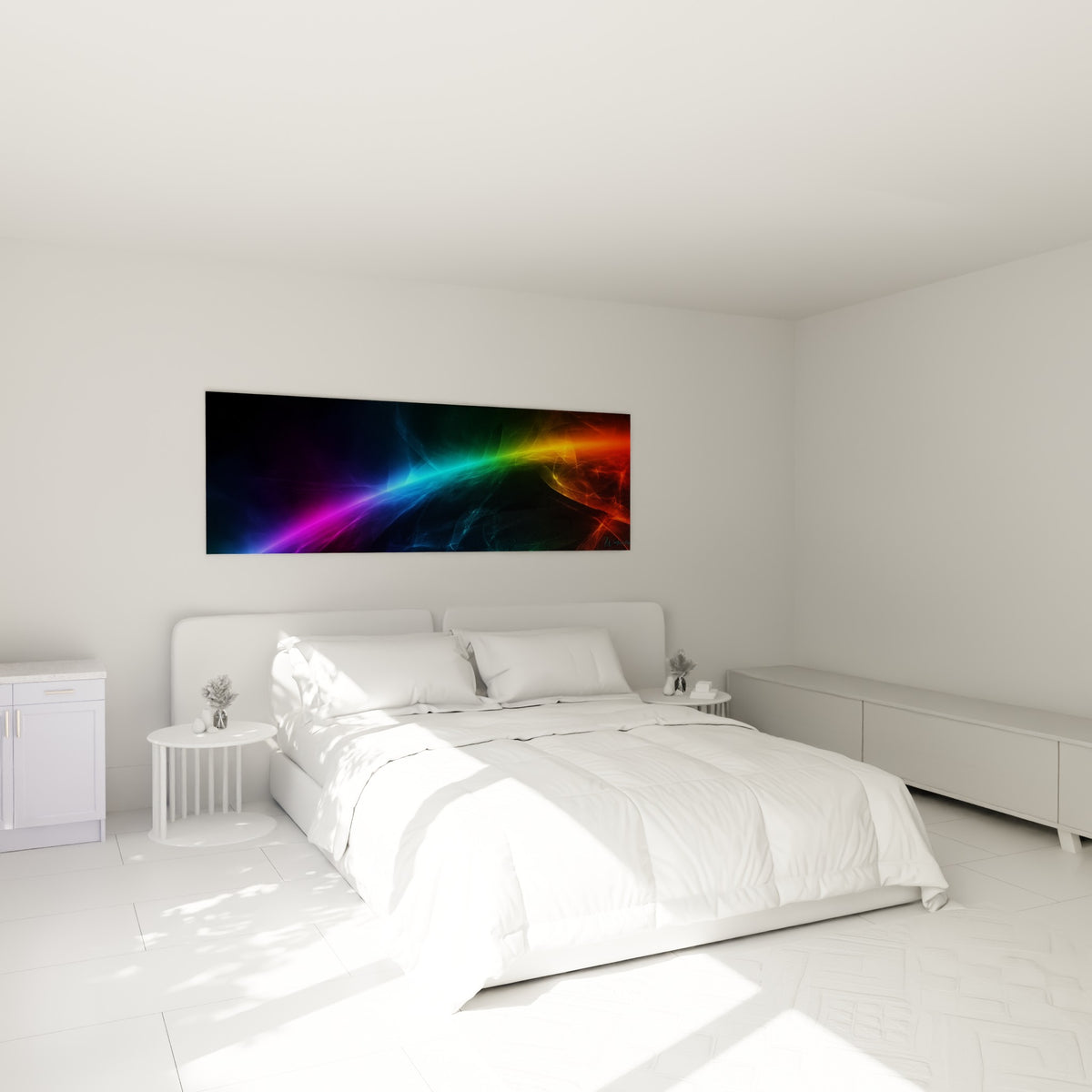 Traînée Planète multicolore turquoise et pourpre au-dessus d'un lit dans une chambre claire