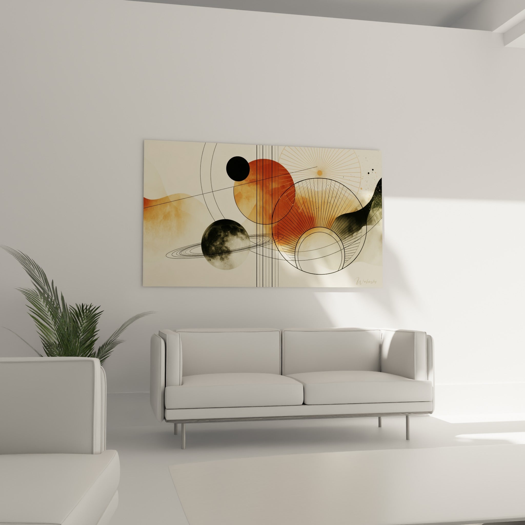Orbites terracotta et lignes noires tracées finement, tableau accroché au-dessus d'un canapé dans un salon lumineux.