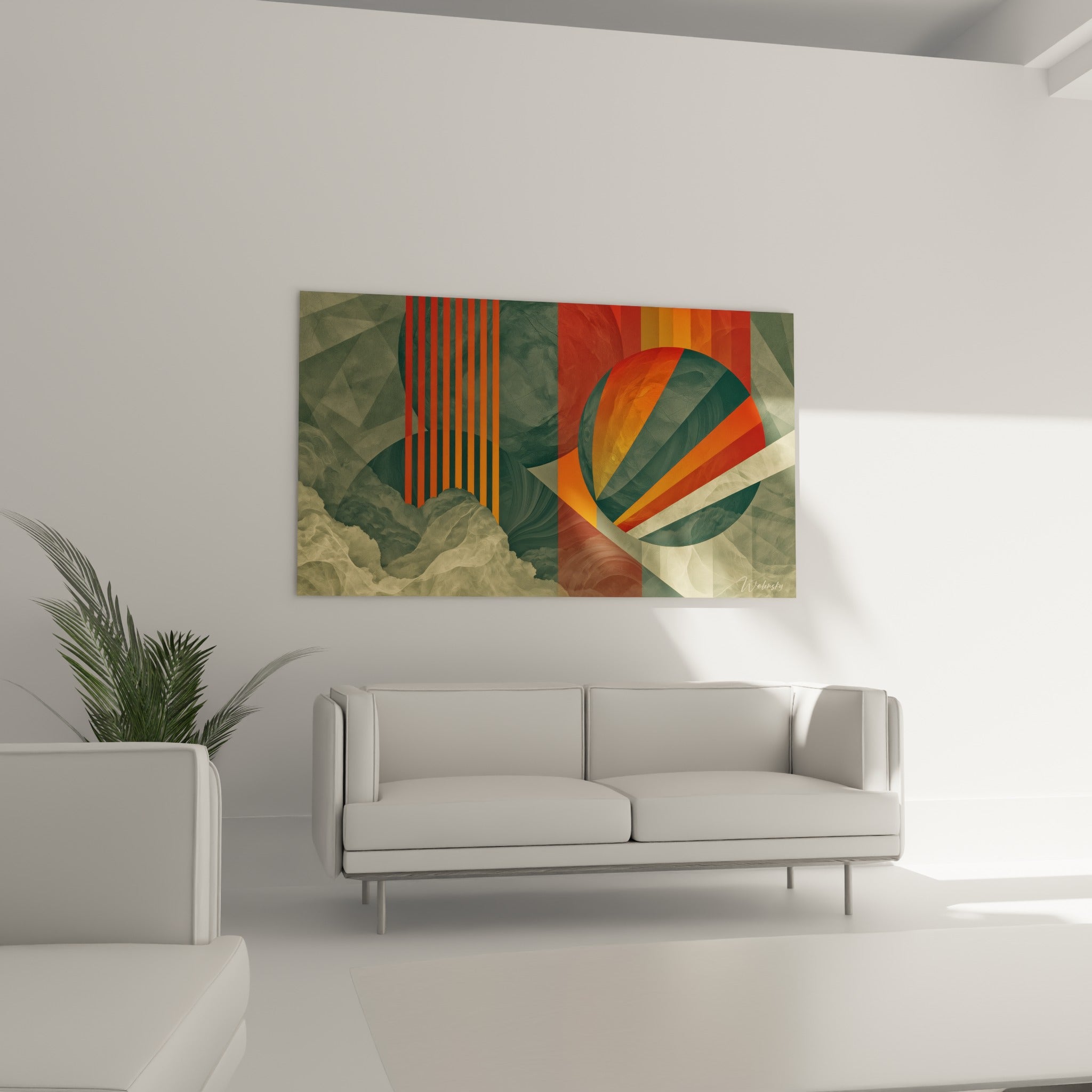 Composition géométrique vert profond et orange vif, nuages texturés beige, au-dessus d'un canapé dans un salon lumineux