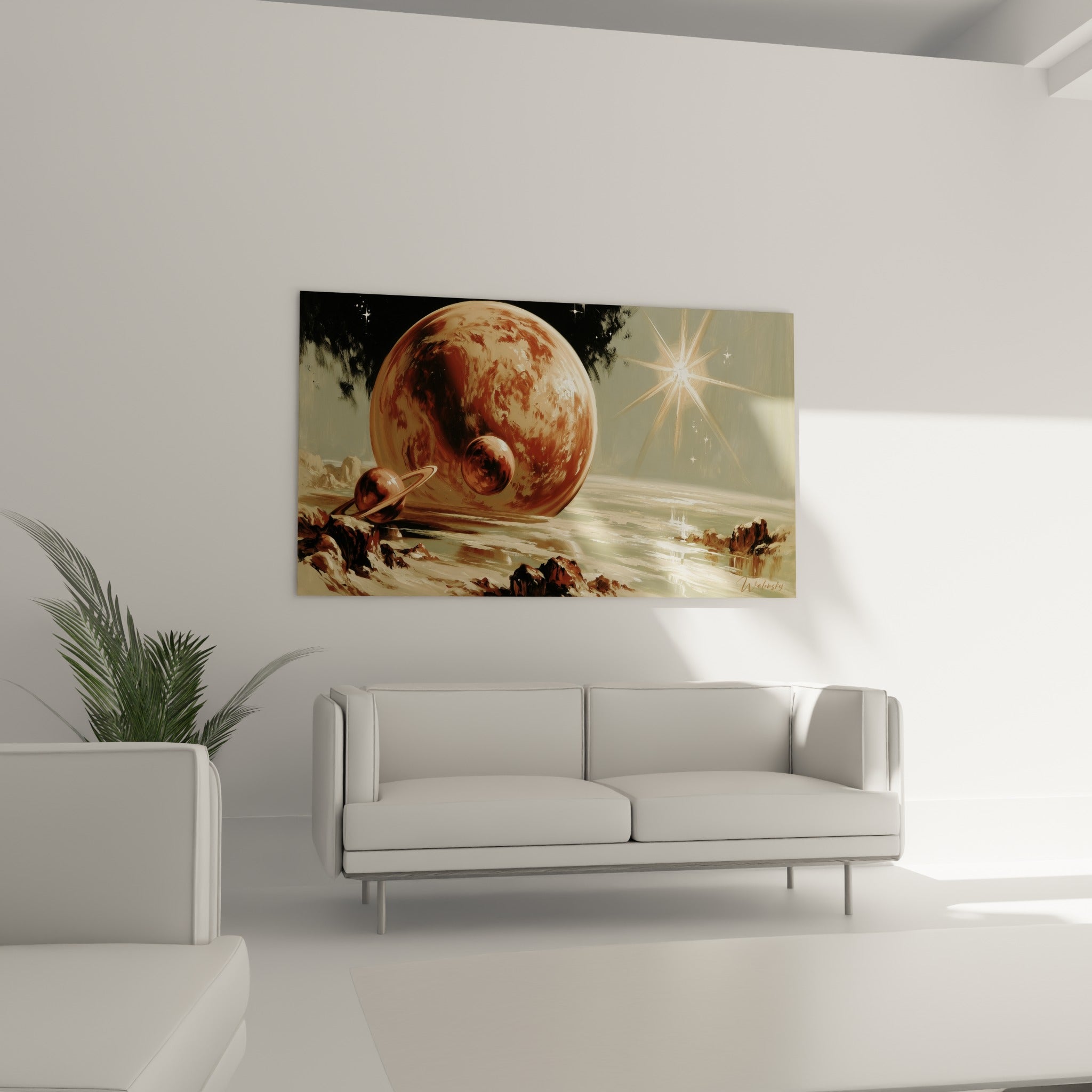 Planètes ocre et dorées reflétées sur l'eau, accrochées au-dessus d'un canapé dans un salon lumineux
