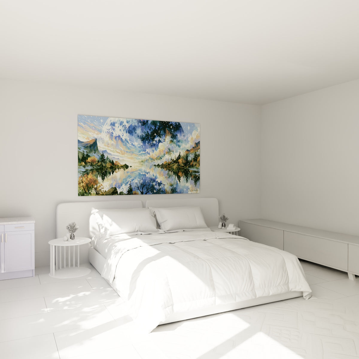 Lac miroir bleu et ocre sous un astre étoilé, tableau Planète au-dessus d'un lit dans une chambre claire