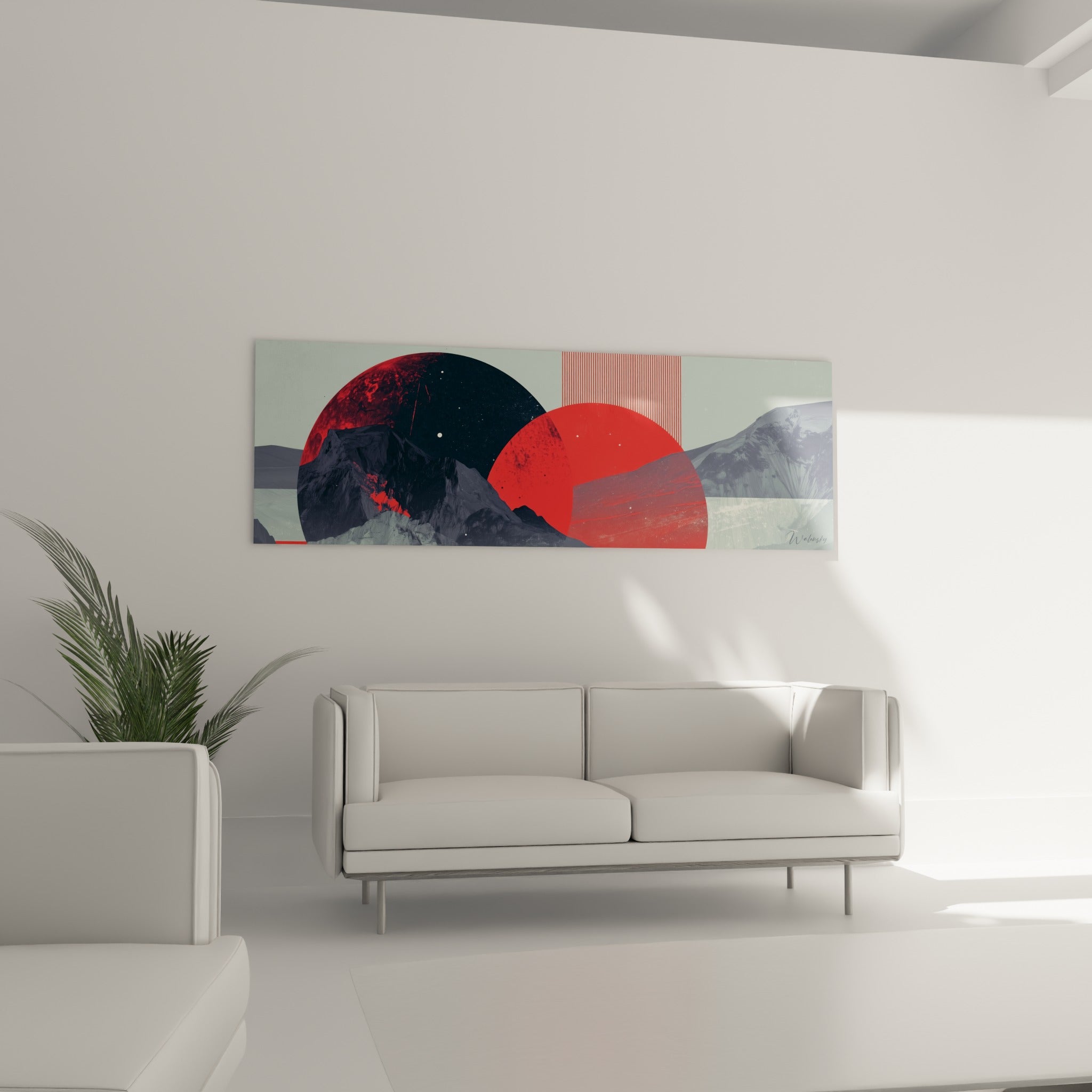 Disques rouge vif et gris anthracite dominant une montagne texturée, au-dessus d'un canapé dans un salon lumineux.