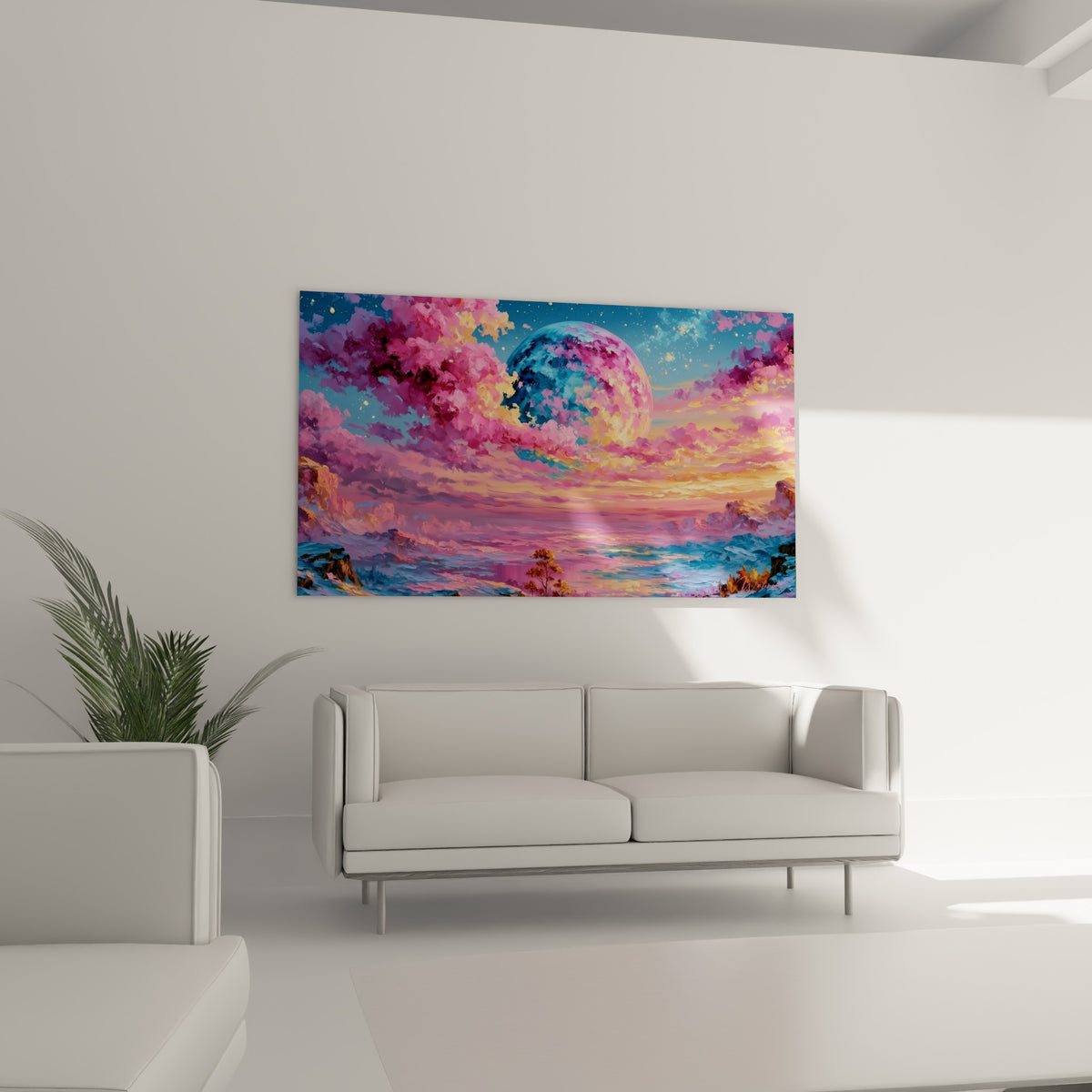 Ciel cosmique bleu et rose aux empâtements épais, au-dessus d'un canapé dans un salon lumineux